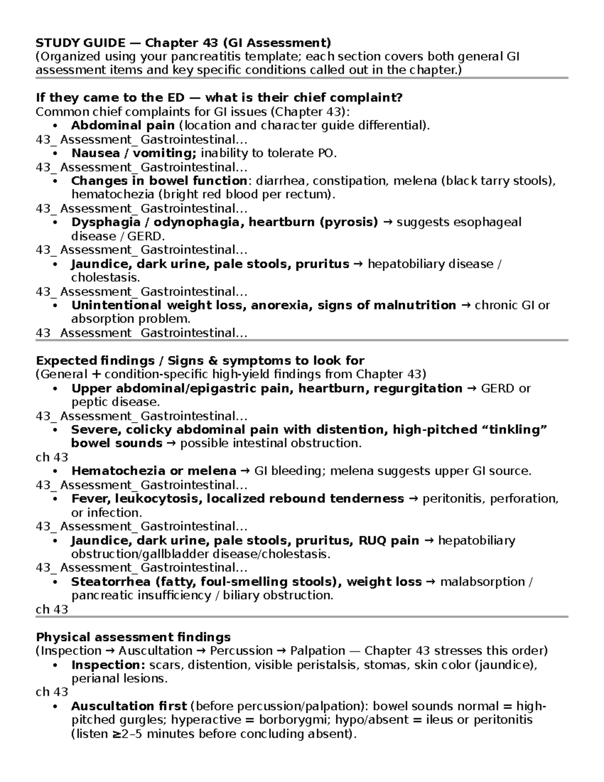 STUDY GUIDE Chapter 43: GI Assessment & Key Conditions - Studocu