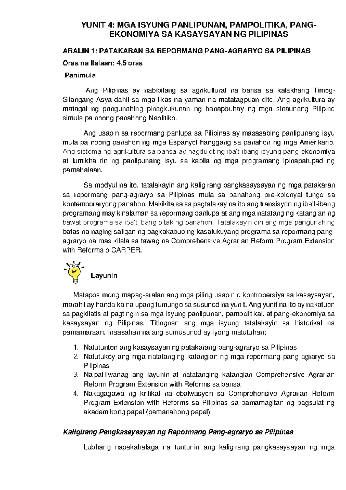 Yunit 4: Repormang Pang-agraryo at mga Isyung Panlipunan sa Pinas - Document Preview