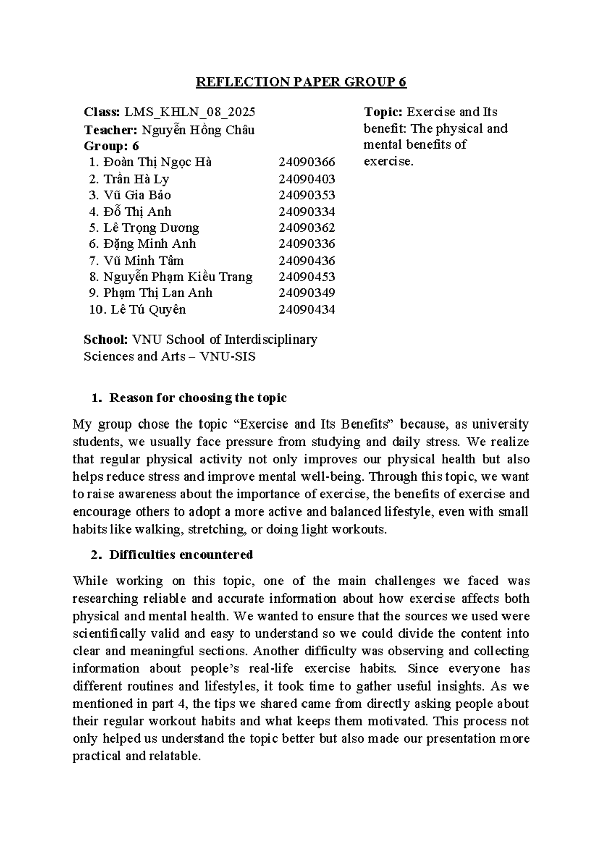 Reflection Paper on Exercise Benefits - LMS_KHLN_08_2025 - Studocu