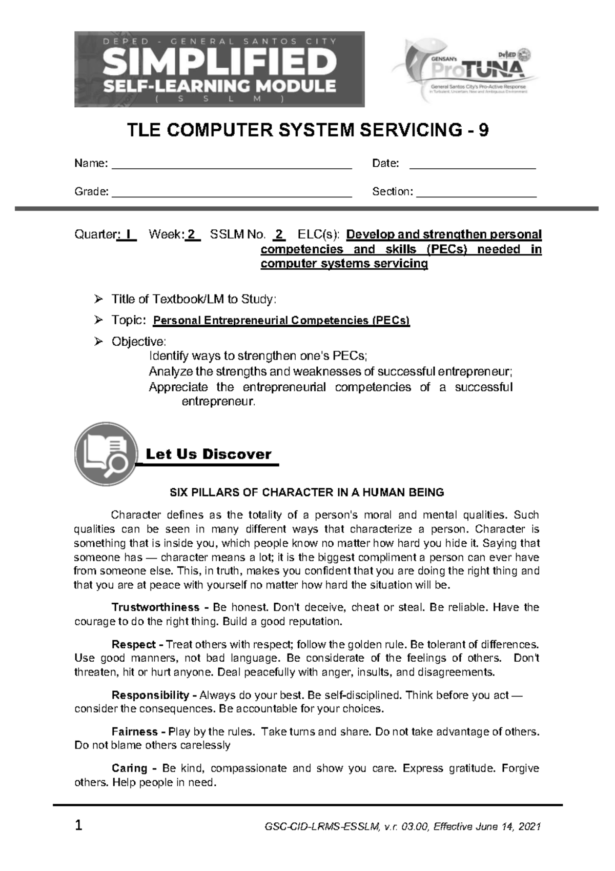 SSLM CSS9 Q1 WEEK 2 - Personal Entrepreneurial Competencies - Studocu