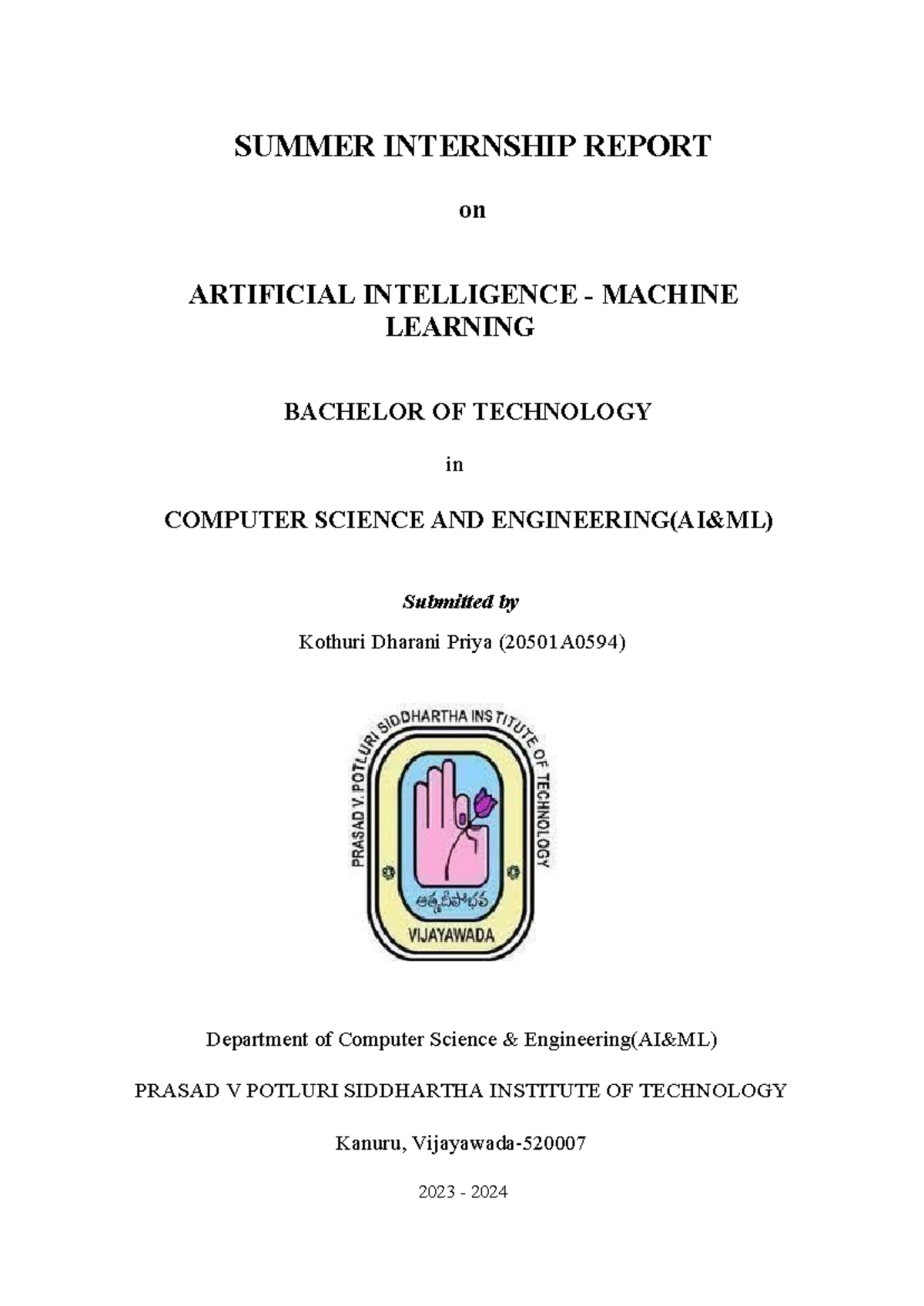 Report on Summer Internship in AI-ML (B.Tech CSE 20501A0594) - Studocu
