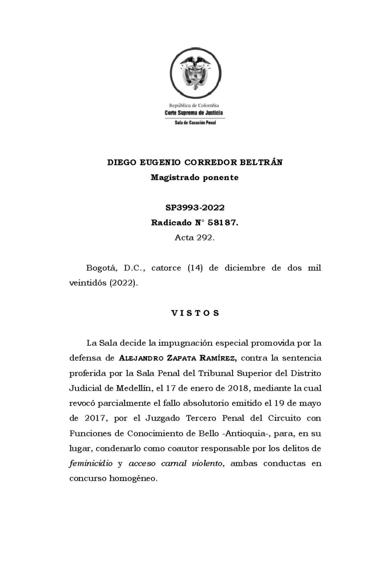 SP3993-2022 Sentencia de Impugnación por Feminicidio y Homicidio - Studocu