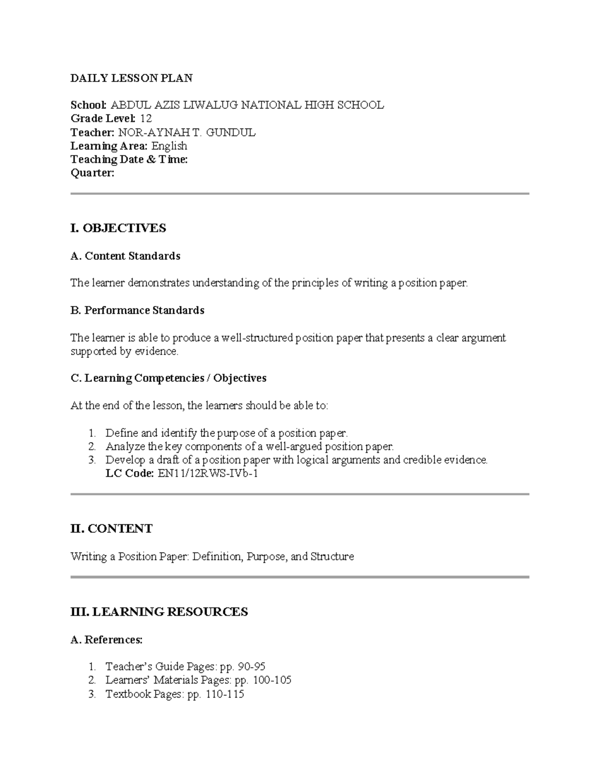 DAILY LESSON PLAN: Writing a Position Paper for Grade 12 - Studocu
