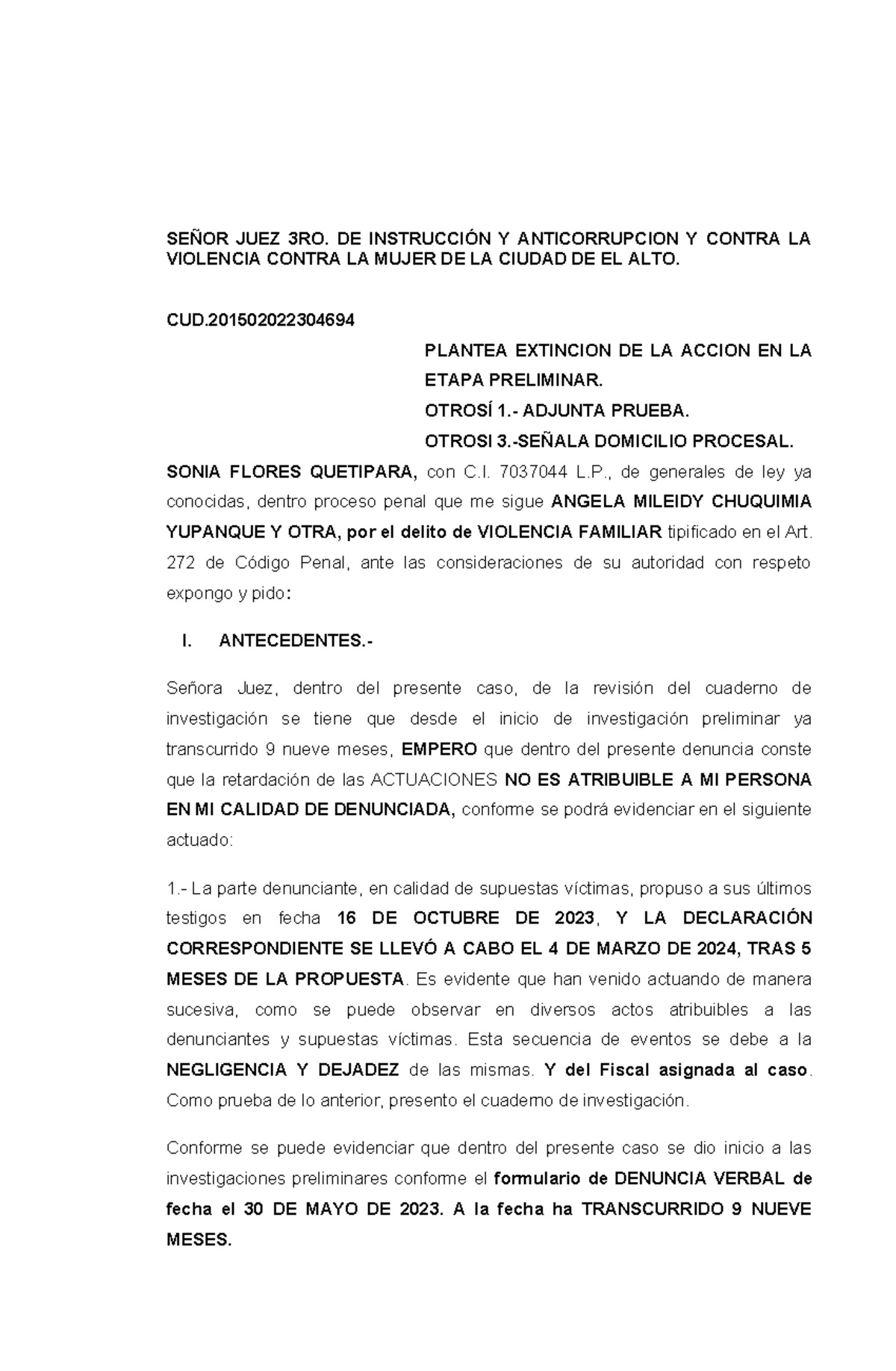 Extinción de la Acción Penal en Etapa Preliminar por Violencia Familiar - Document Preview