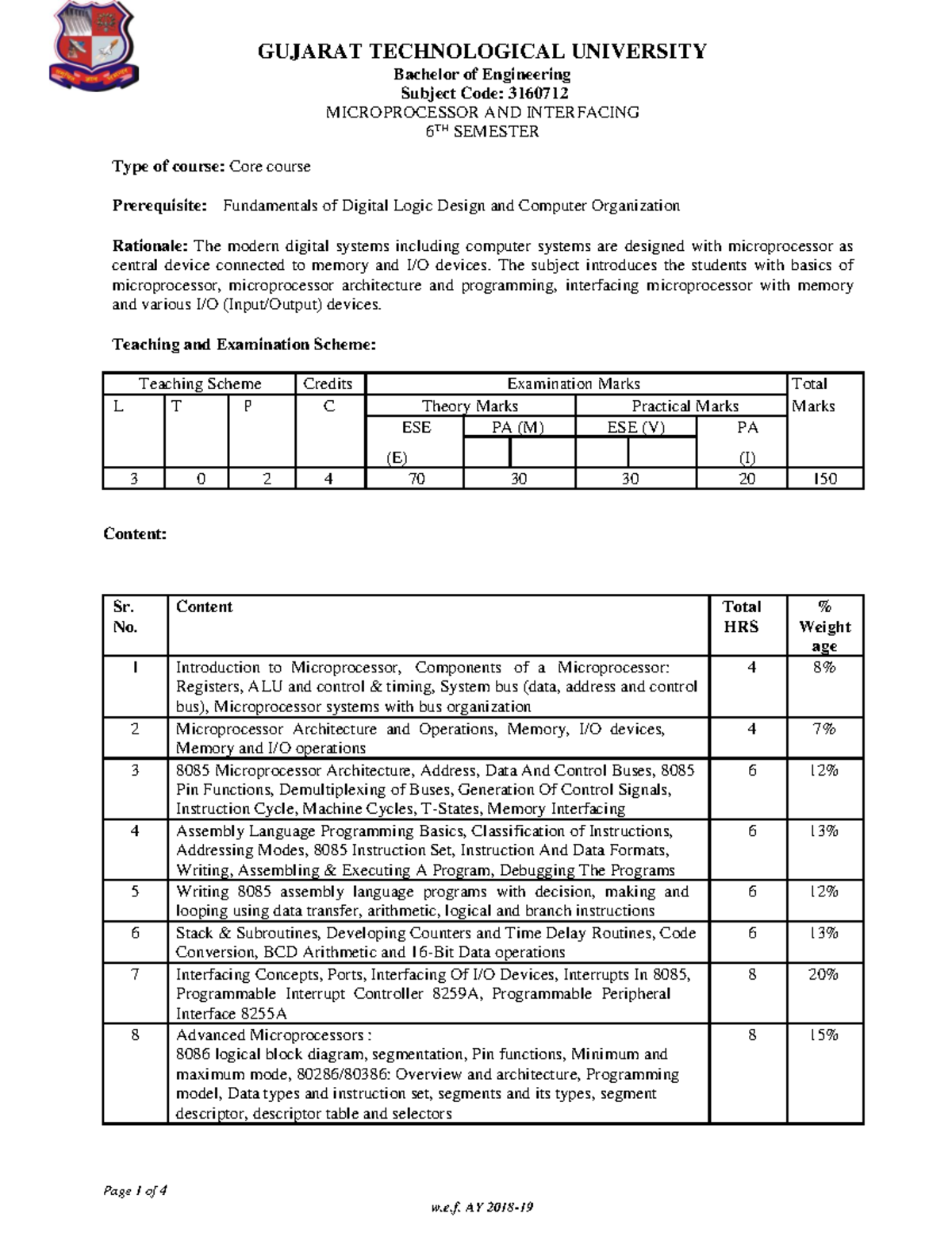 3160712 Microprocessor and Interfacing Course Syllabus Overview - Studocu
