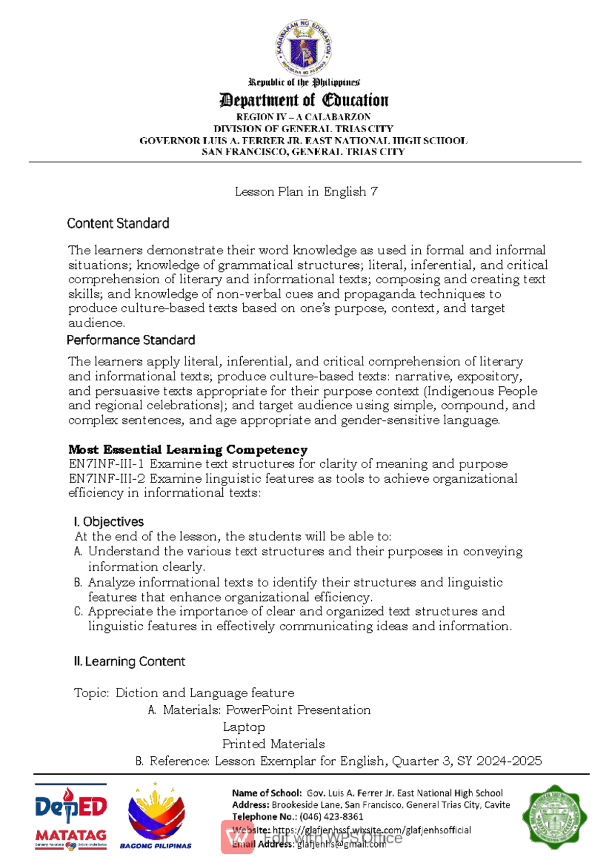 EN7 Lesson Plan: Diction & Text Structures for Quarter 3 - Studocu