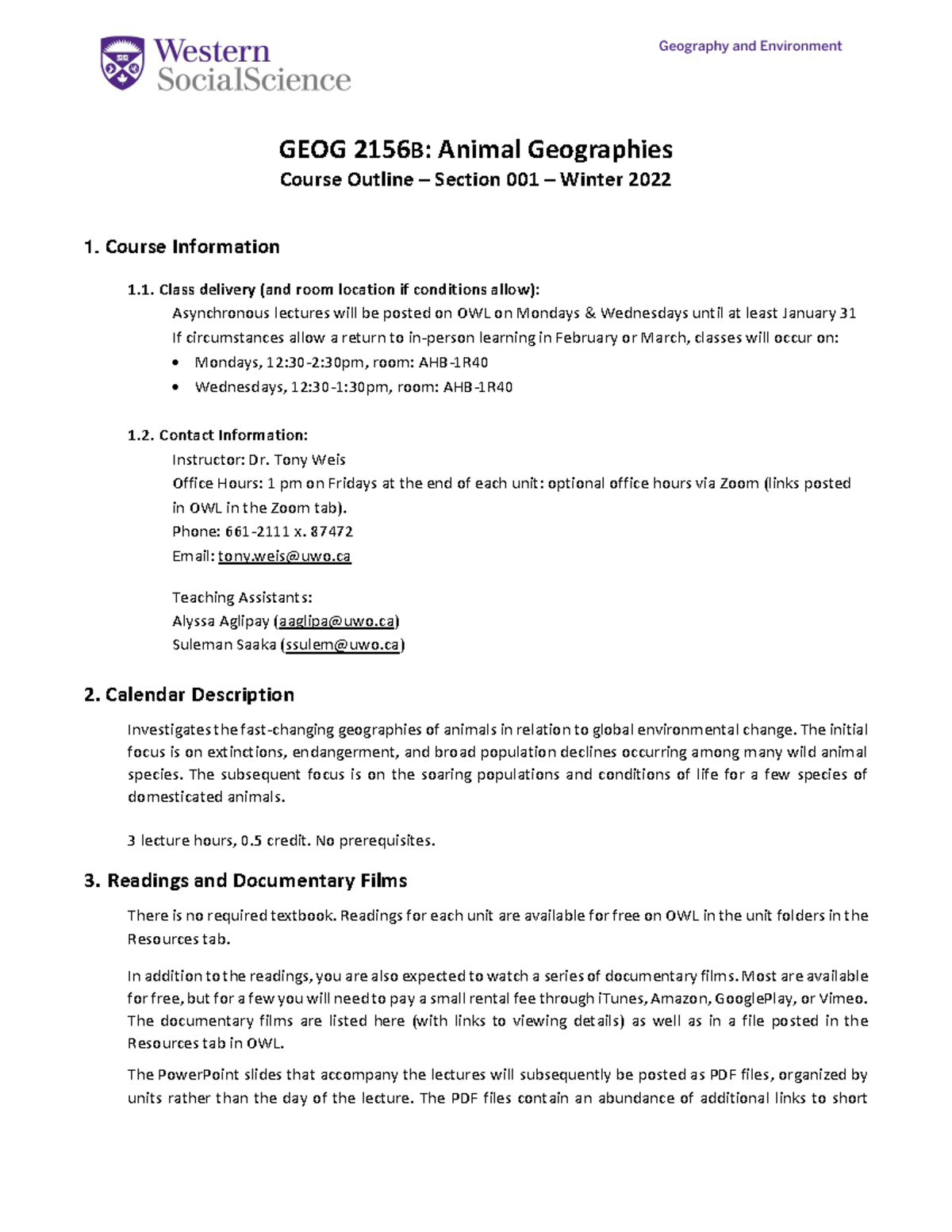 Animal Geographies: Course Outline for GEOG 2156B, Winter 2022 - Studocu