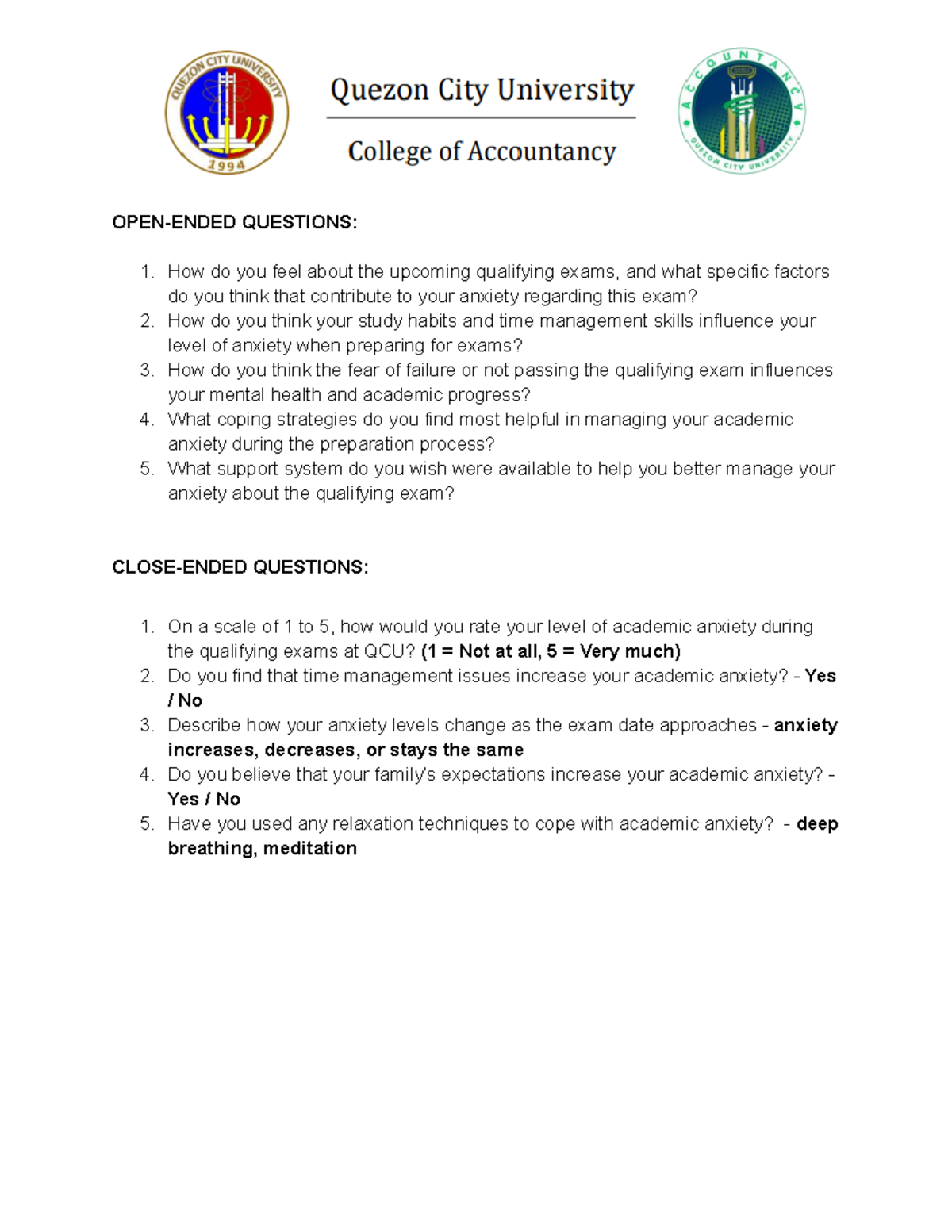 Qualifying Exam Anxiety Questionnaire - Final Exam-2 - Studocu