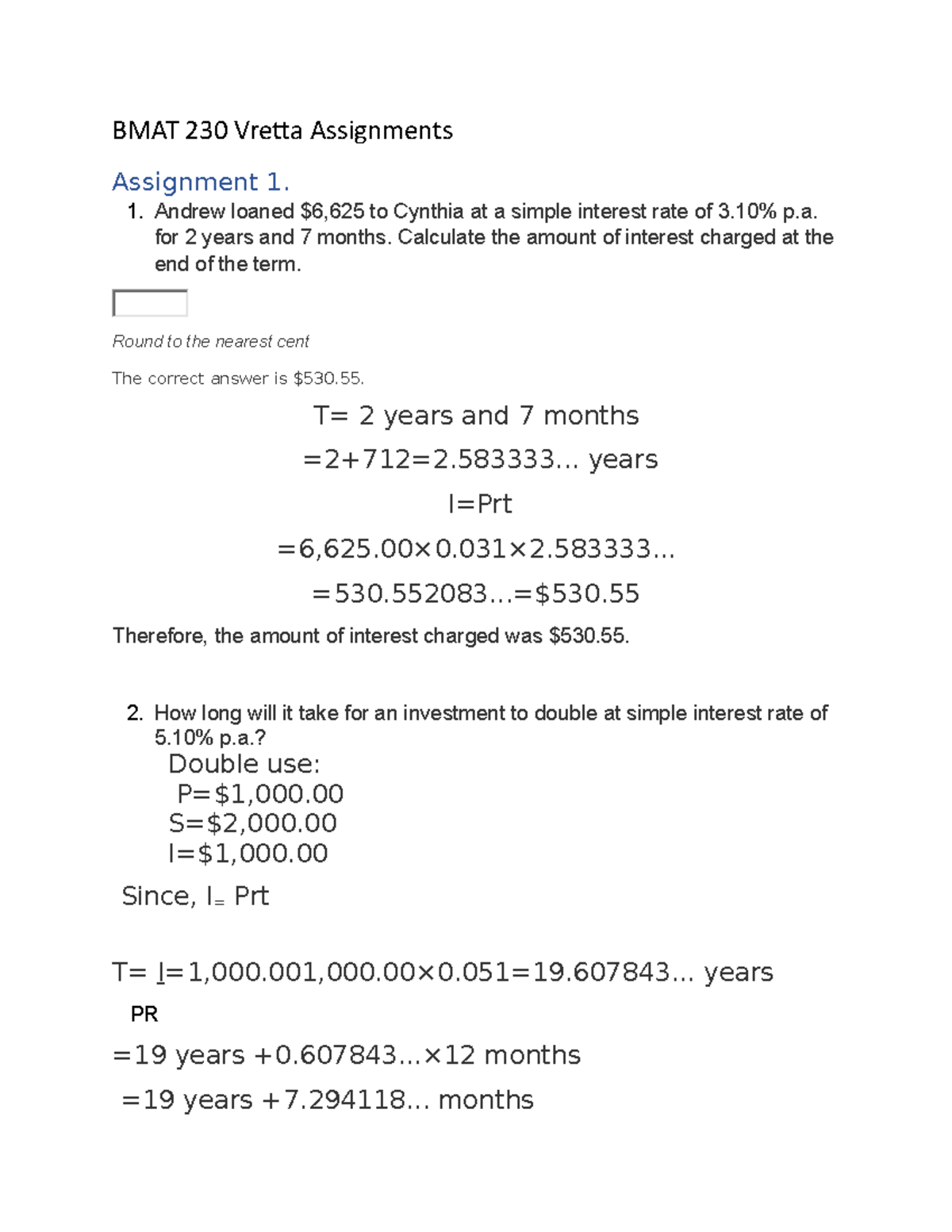 BMAT 230 Vretta Assignments - Interest Calculations & Loan Analysis ...