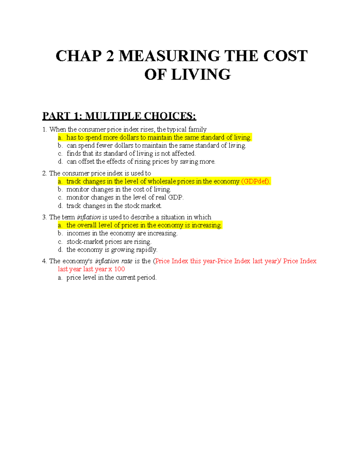 CHAP 2: MEASURING THE COST OF LIVING - MULTIPLE CHOICE EXERCISES - Studocu