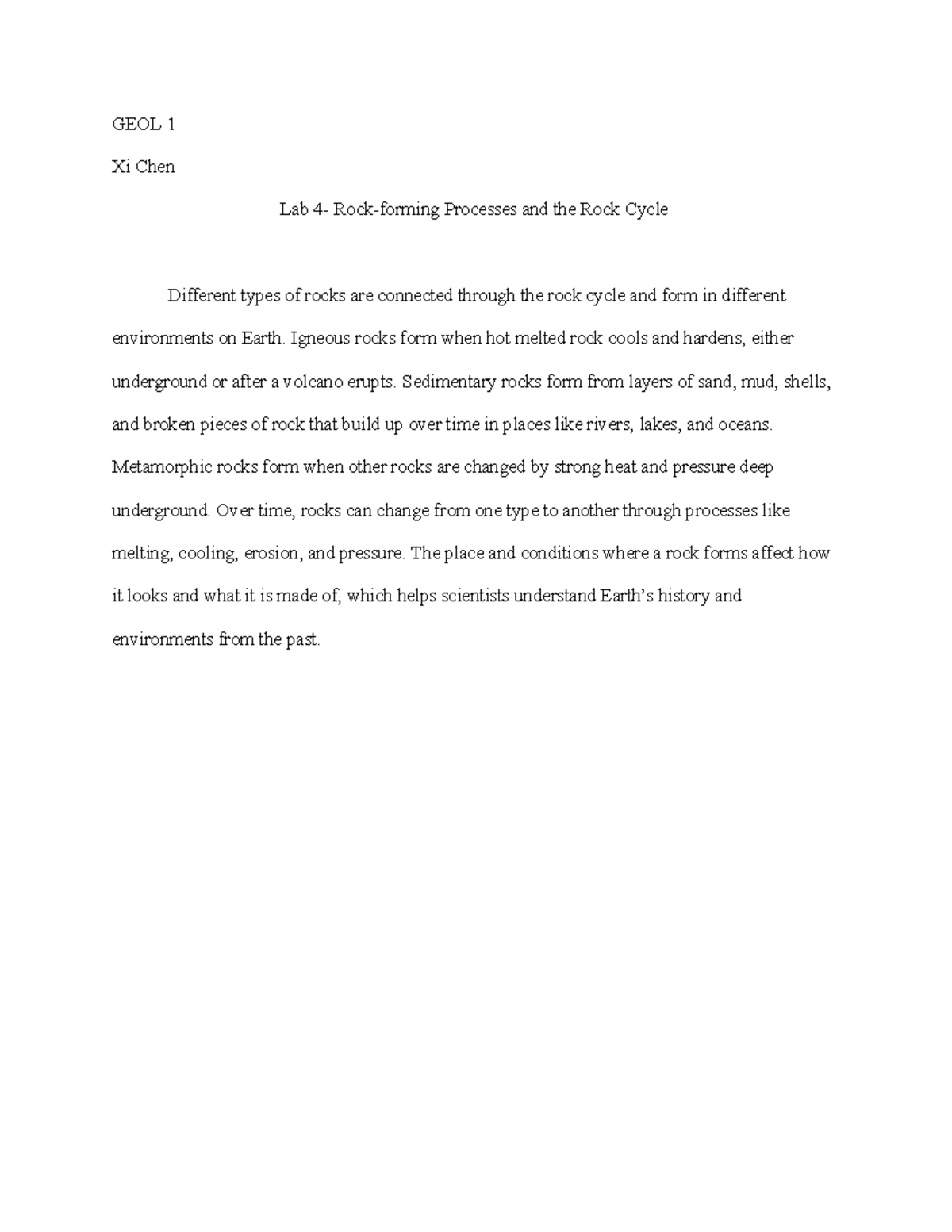 GEOL 1 Lab 4: Understanding Rock Formation and the Rock Cycle - Studocu
