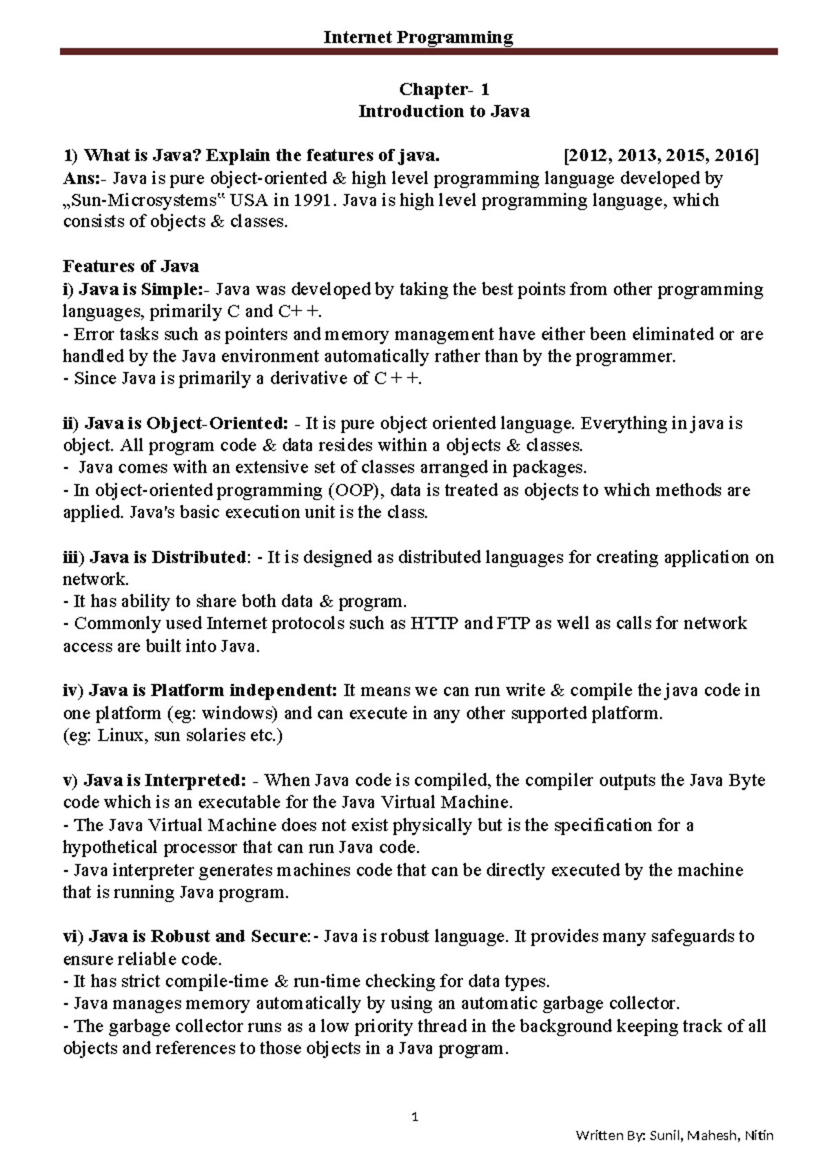 Internet Programming 1: Comprehensive Java Notes and Features - Studocu