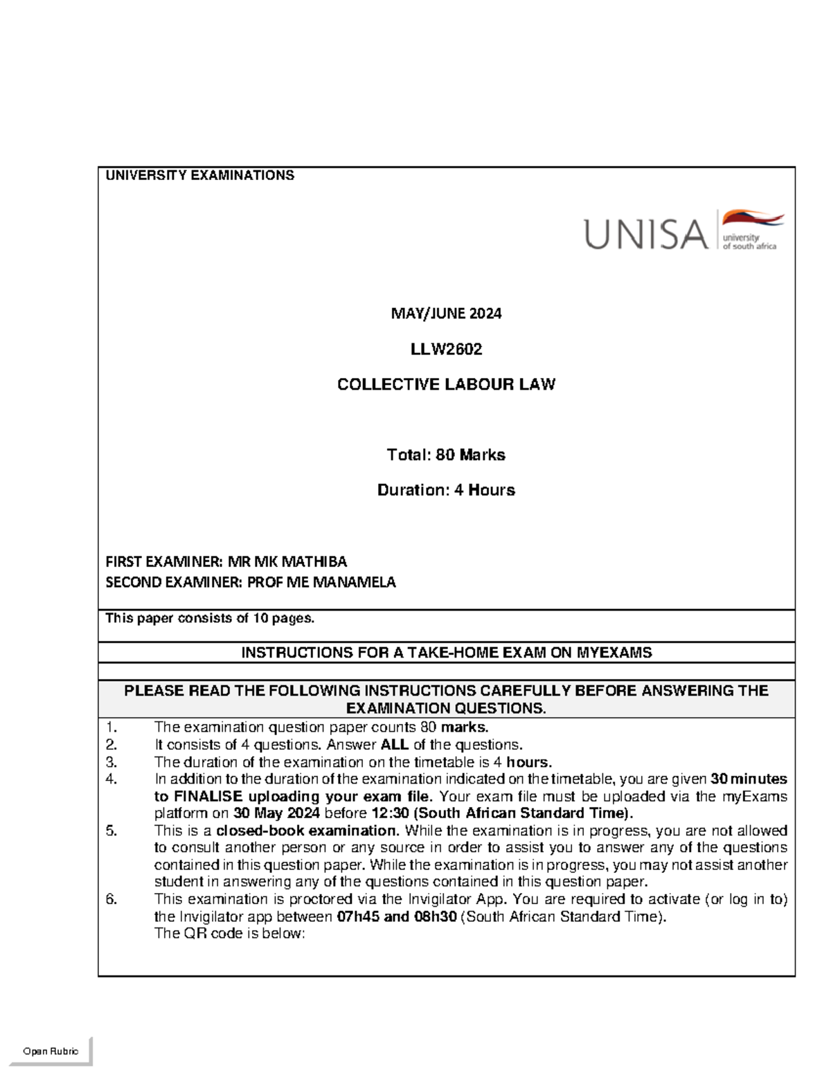 LLW2602 May/June 2024 Collective Labour Law Exam Instructions and ...
