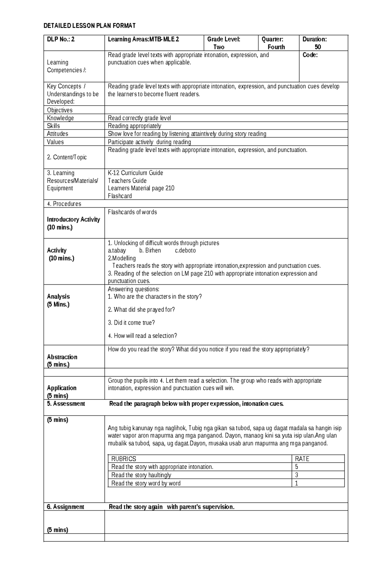 DLP 2 (Merlene) - Detailed Lesson Plan for Fluent Reading Skills - Studocu