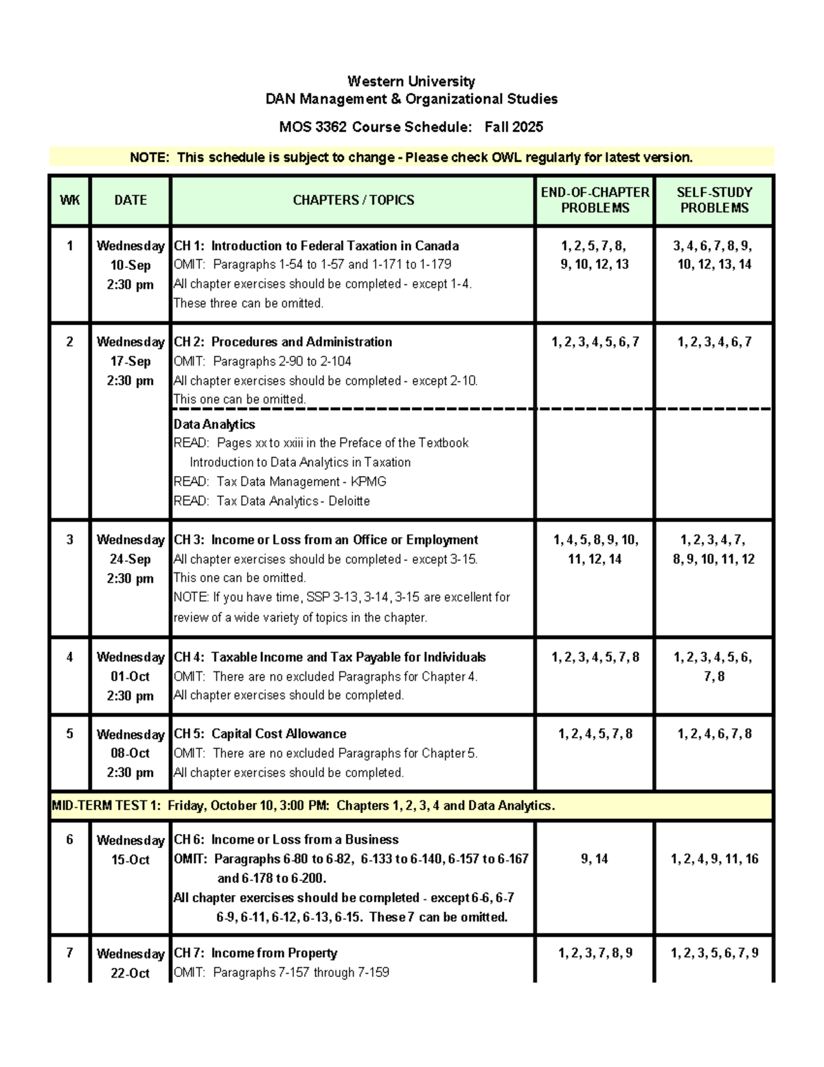 MOS 3362 Course Schedule: Fall 2025 - Taxation & Data Analytics - Studocu