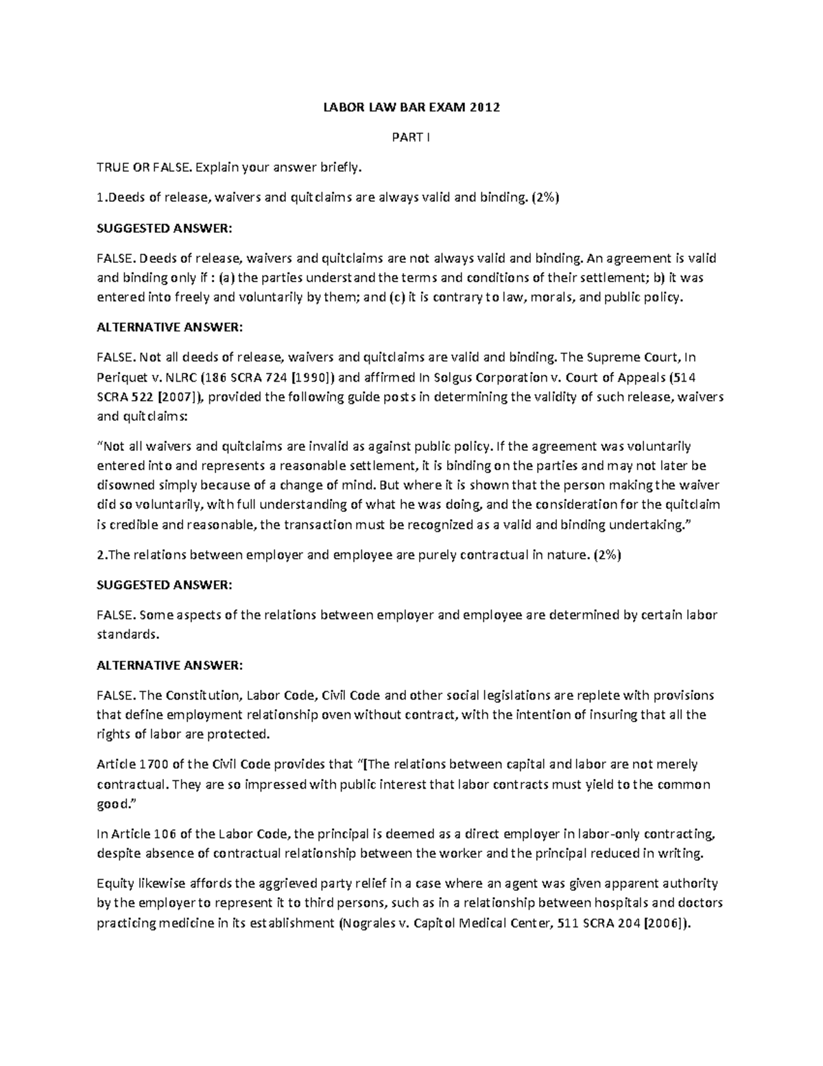 Labor Law 2012 Bar Exam Review: Insights and Key Concepts - Studocu