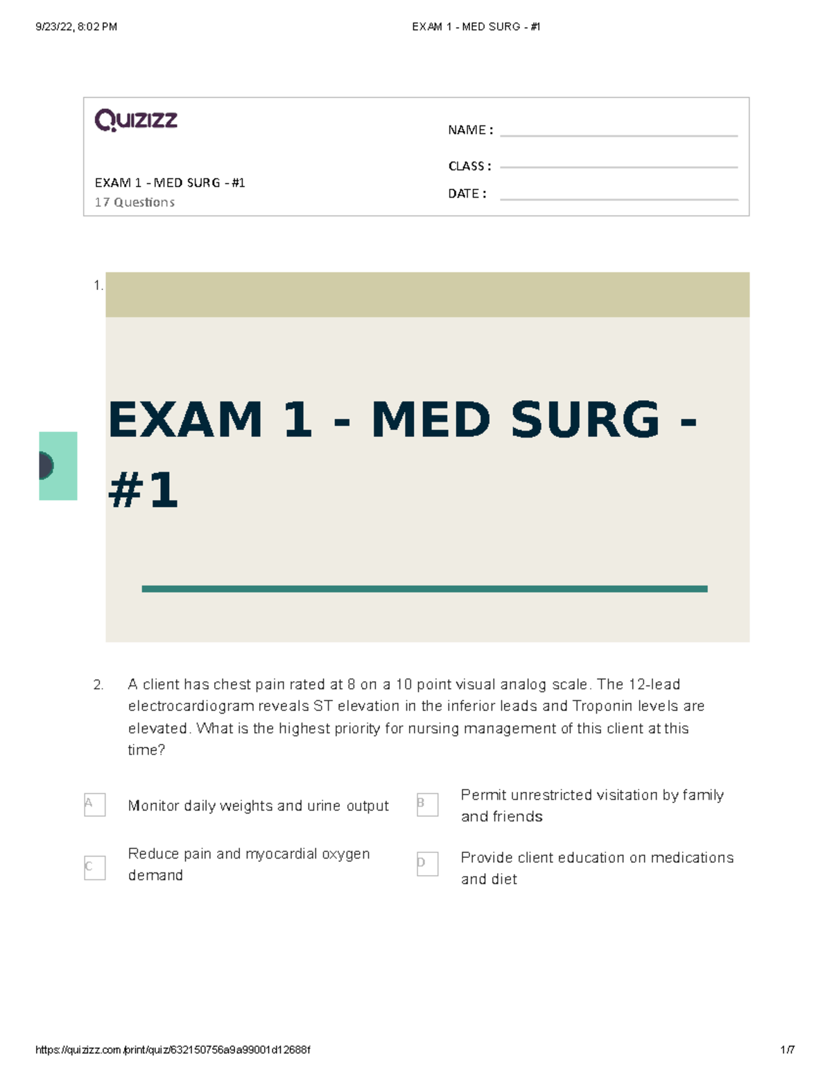 EXAM 1 - MED SURG II - NCLEX Style Questions Based on Blueprint - Studocu
