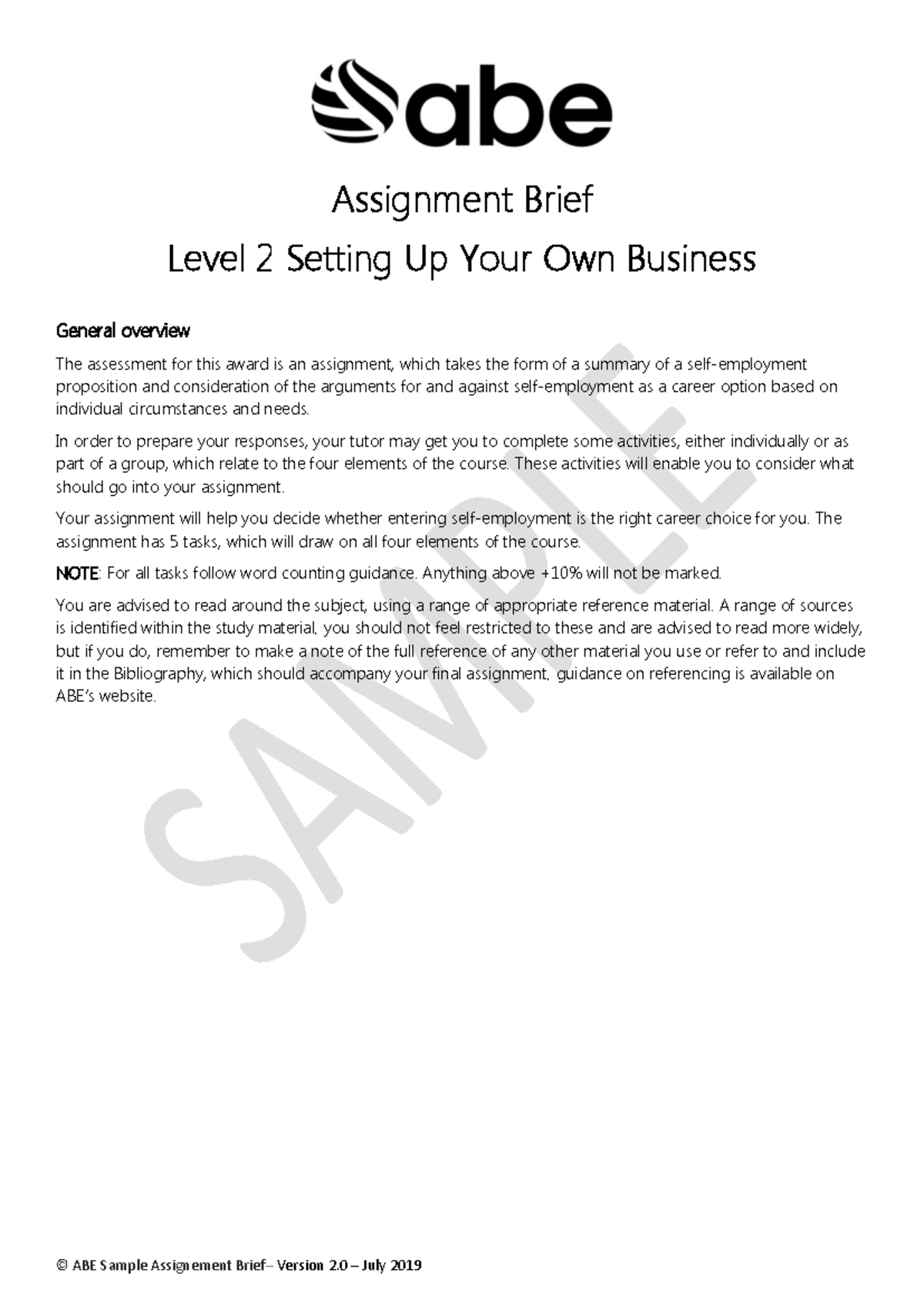 2UIBS Level 2 Self-Employment Assignment Brief - Version 2.0 - Studocu