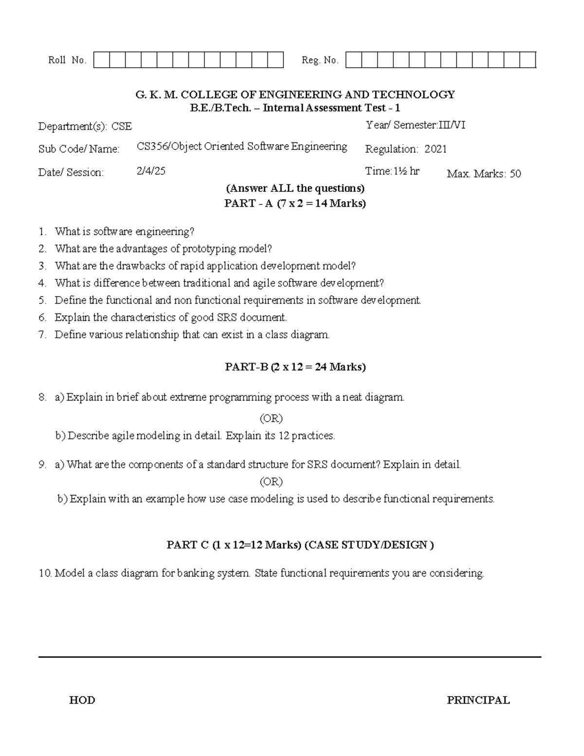CSE 2021 Internal Assessment Test 1: Software Engineering Practice ...