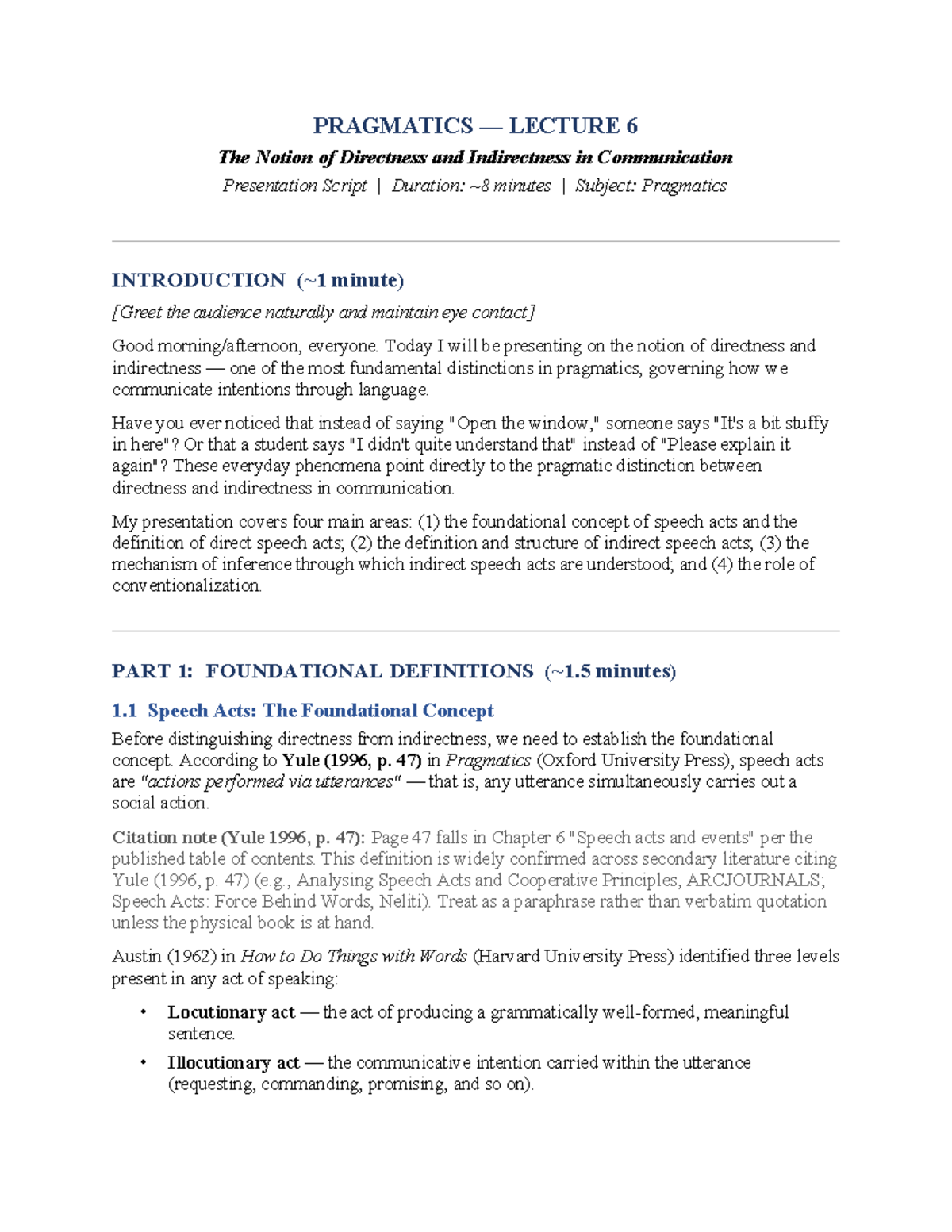 PRAGMATICS LECTURE 6: Directness vs. Indirectness in Communication ...