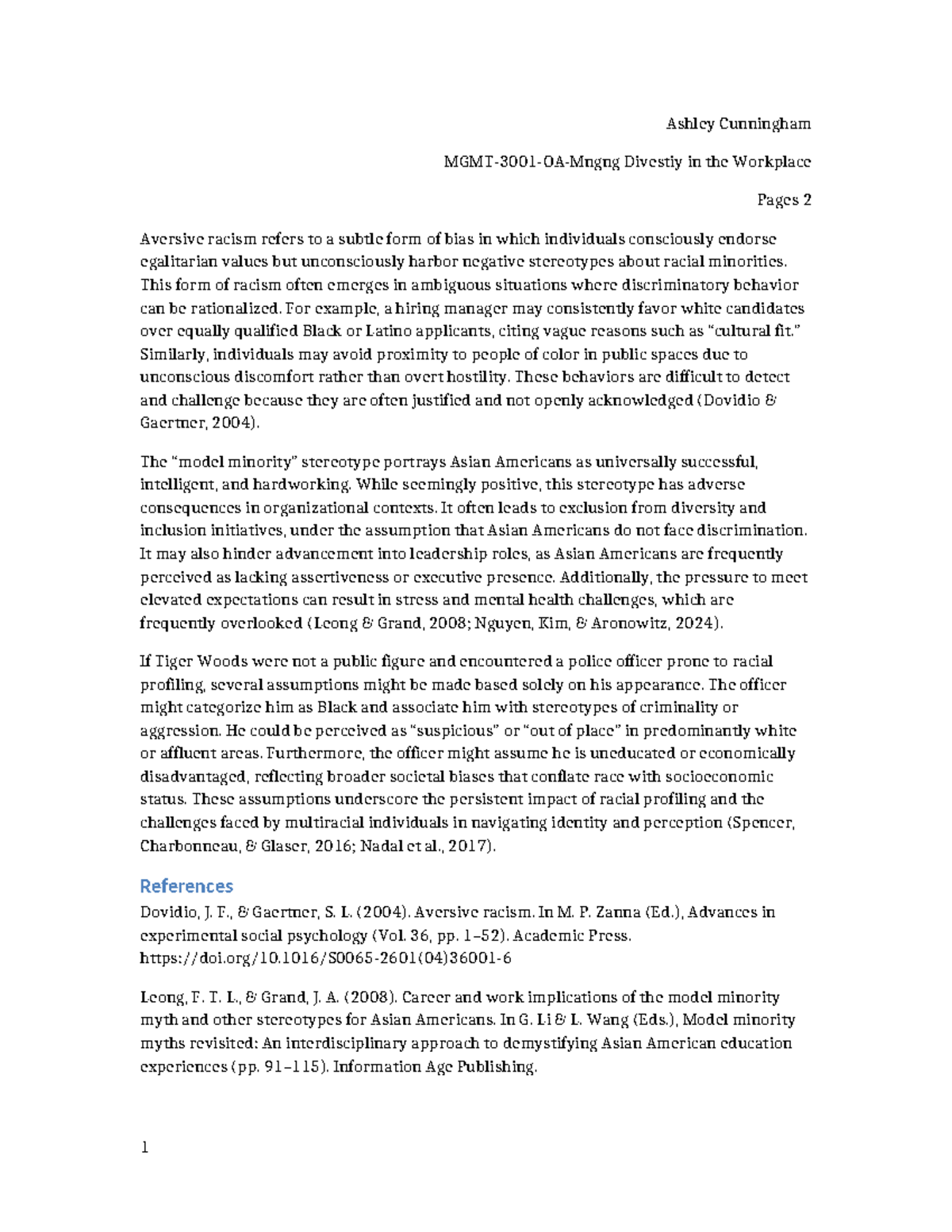 Aversive Racism in the Workplace: An Essay (Course Code: APA) - Studocu