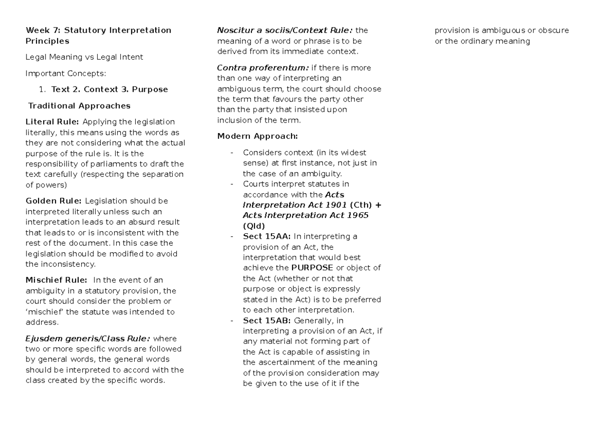 Week 7 - Week 7 notes - Week 7: Statutory Interpretation Principles ...