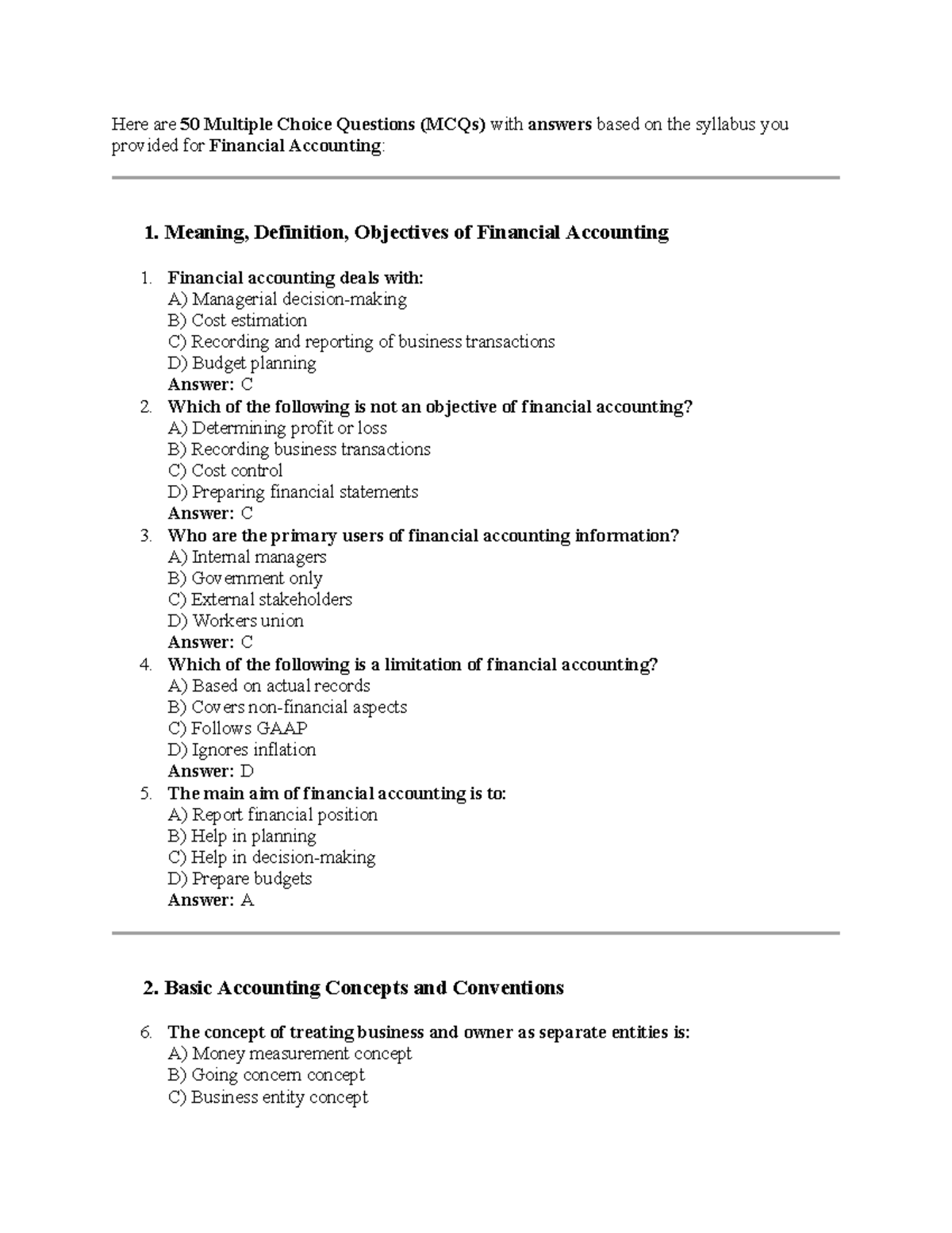 FA MCQ - 50 Multiple Choice Questions with Answers on Financial Accounting - Studocu