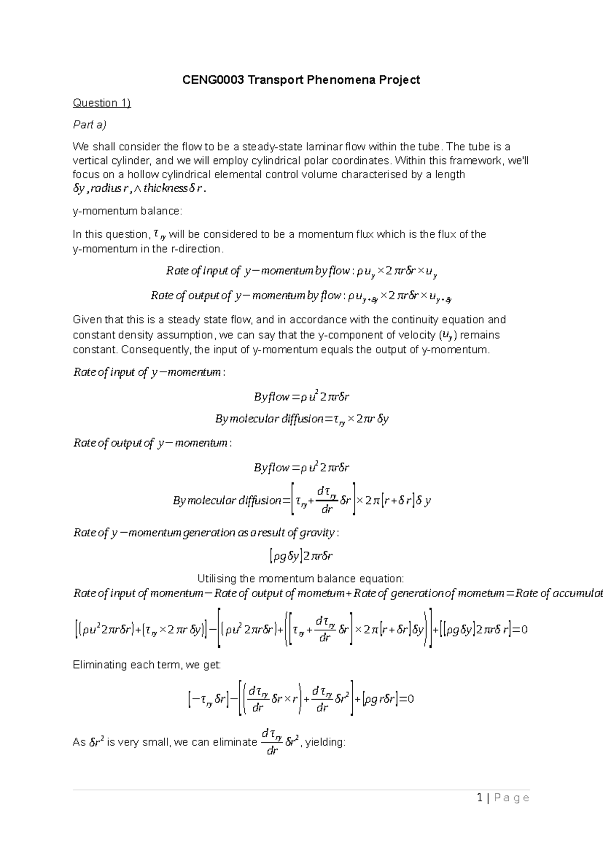 CENG0003 Transport Phenomena Project: Laminar Flow Analysis and Mass ...