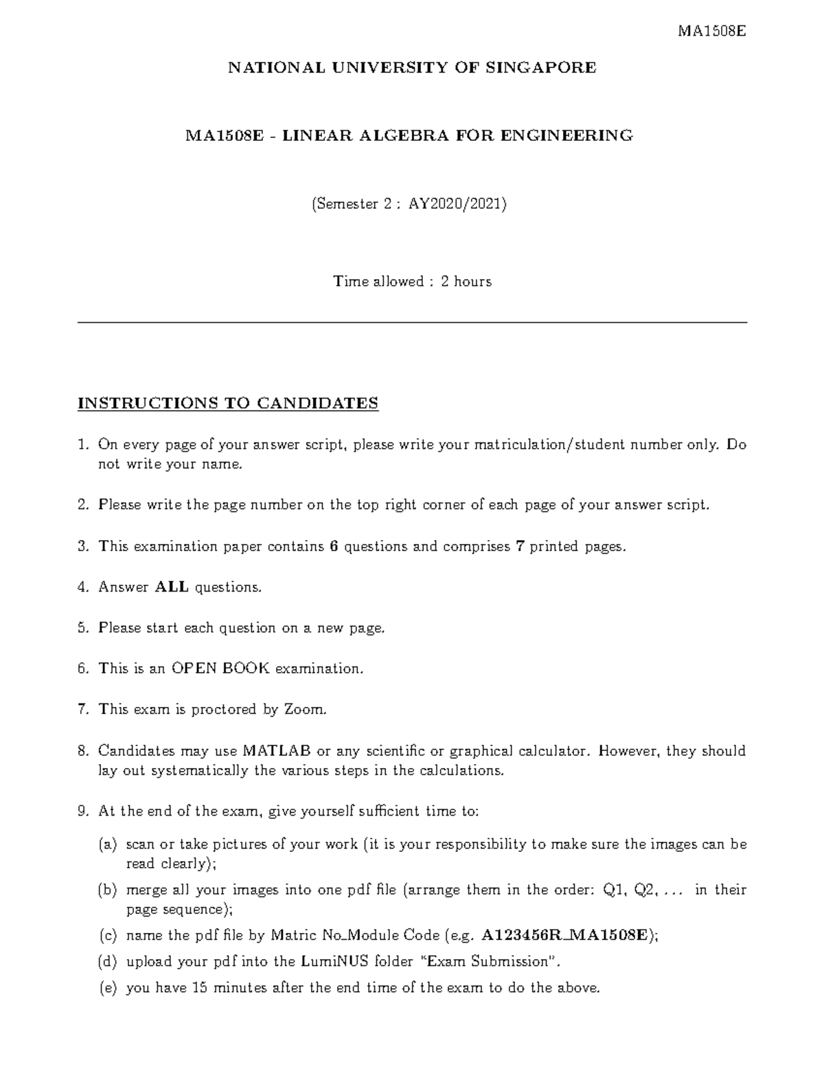MA1508E Linear Algebra for Engineering Final Exam Solutions - Studocu