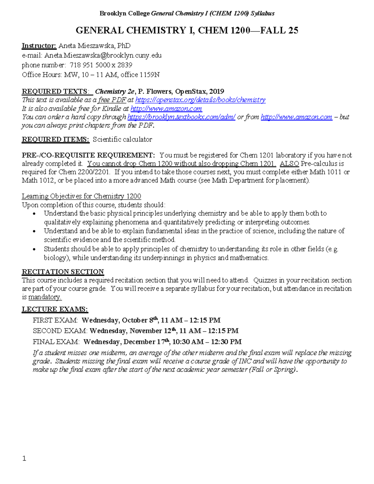 Brooklyn College General Chemistry I (CHEM 1200) Syllabus F25 - Studocu