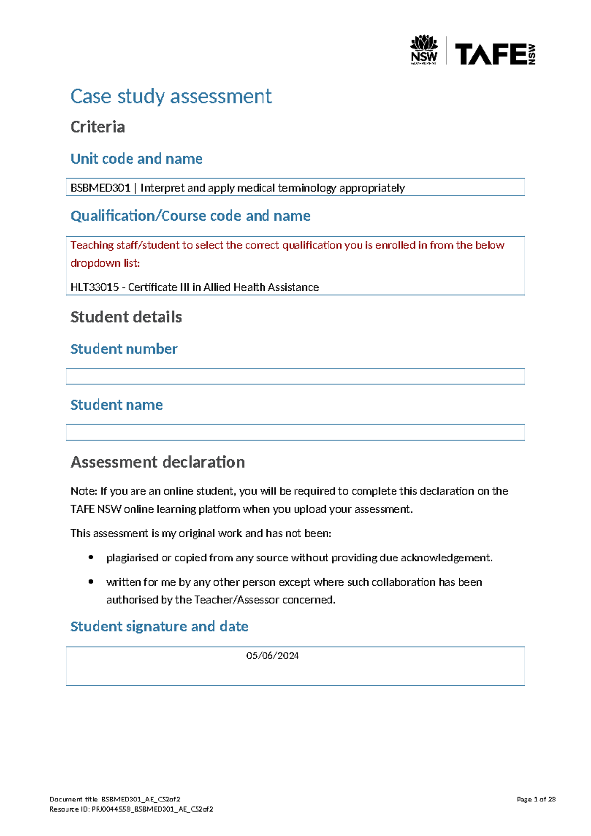 BSBMED301 Case Study Assessment 2 of 2: Medical Terminology Application ...