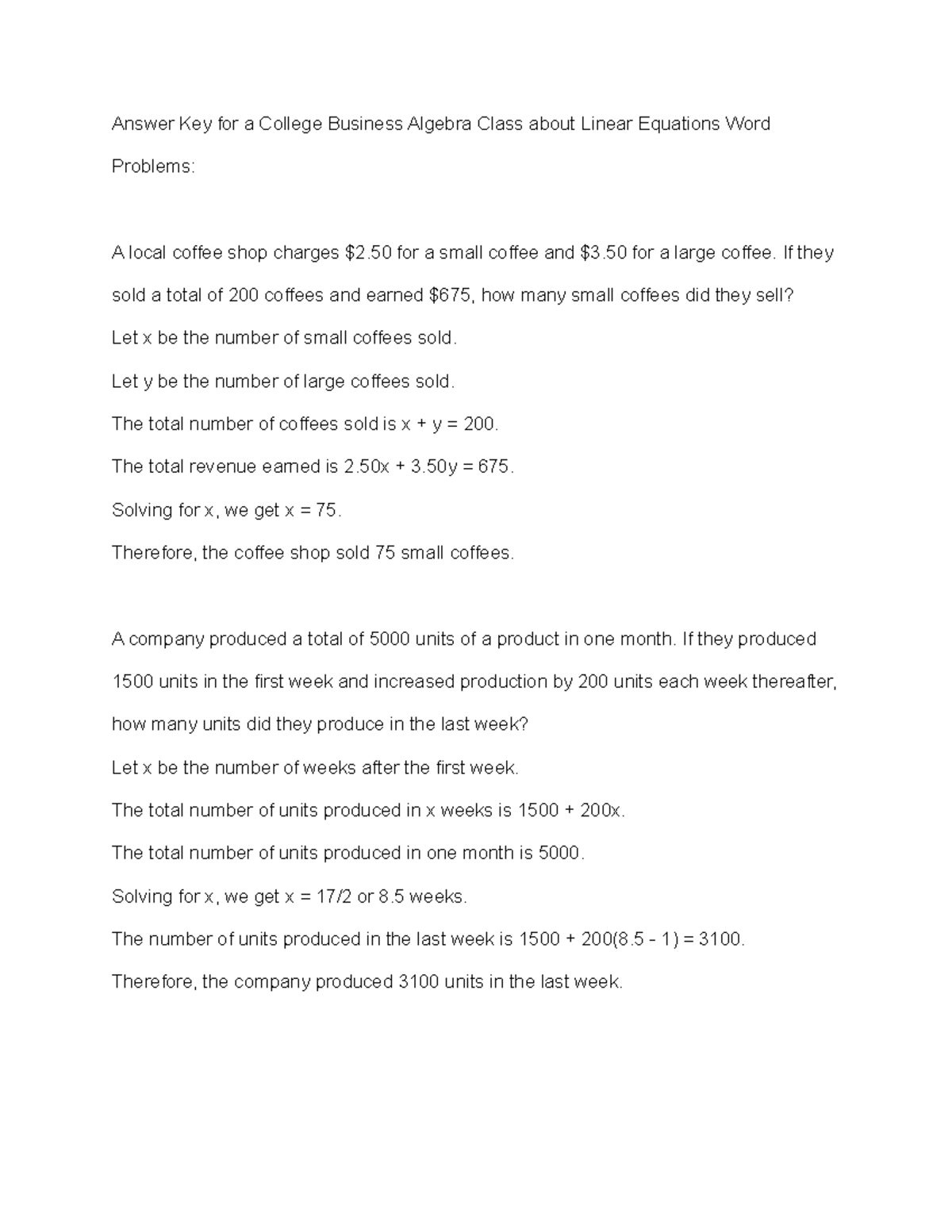 Answer Key for CB Algebra: Linear Equations Word Problems - Studocu
