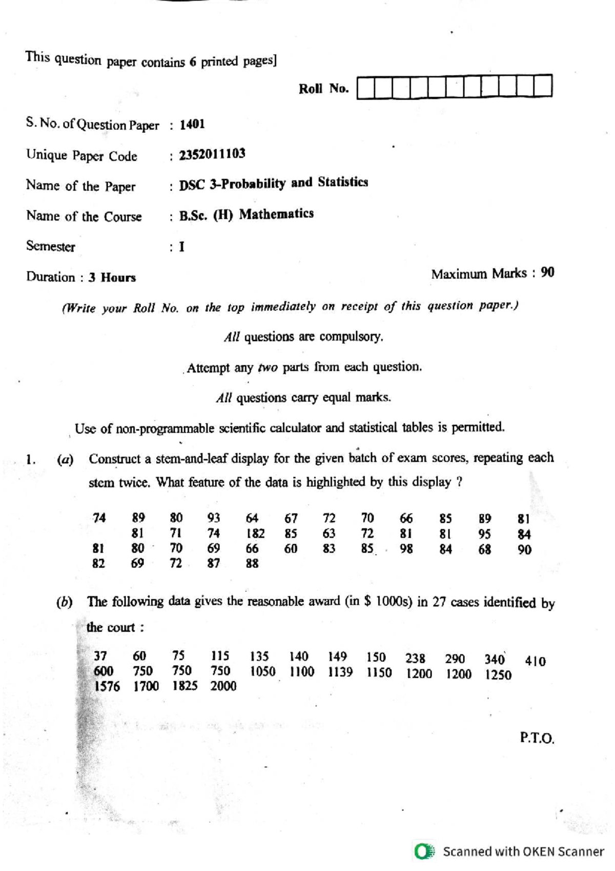 B.Sc. (H) Mathematics Sem I: DSC Probability & Statistics Question ...