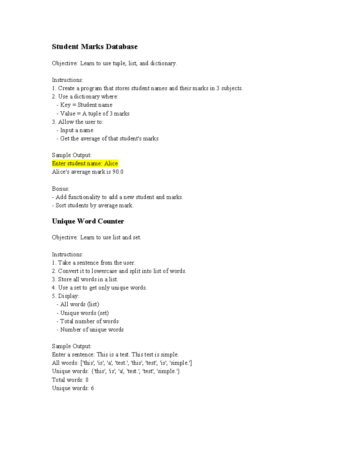 Python Data Structures Worksheet: Student Marks & Unique Words - Studocu