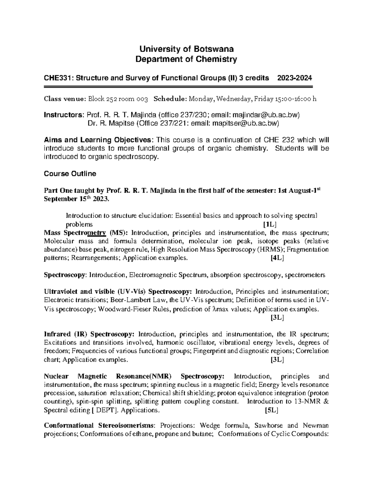 CHE 331 Course Outline: Structure & Functional Groups (2023-2024) - Studocu