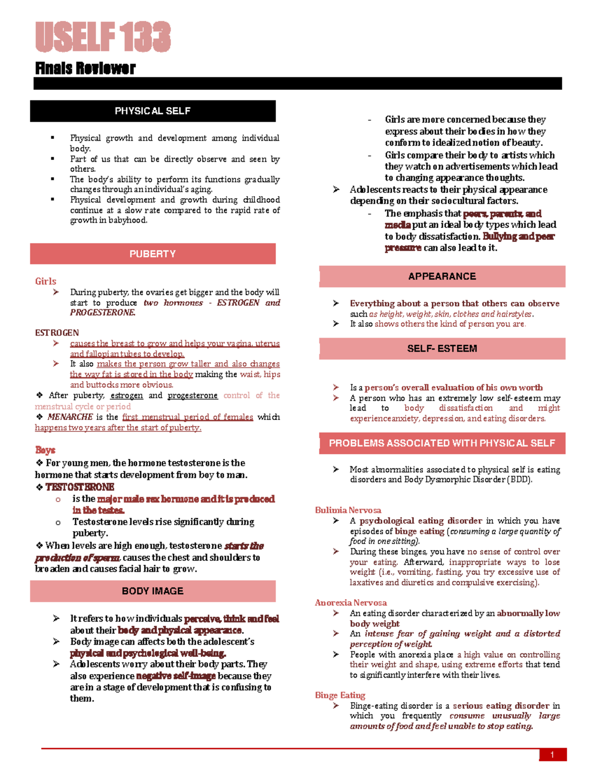 Uself- Final- Reviewer - USELF 133 Finals Reviewer PHYSICAL SELF ...