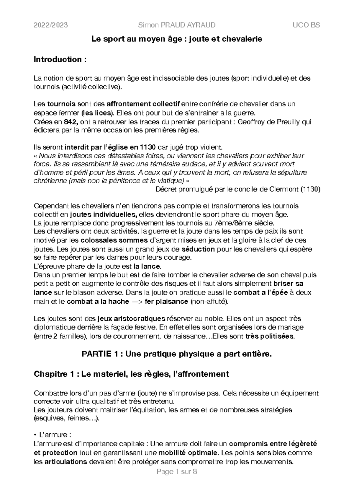 Les Joutes et la Chevalerie au Moyen Âge - HISTOIRE STAPS L1 - Studocu