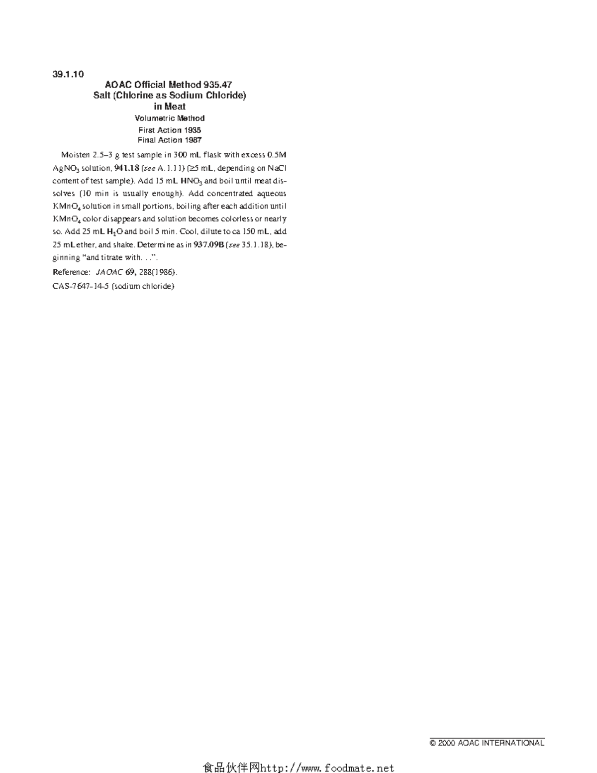 AOAC 935.47 Final Method for Sodium Chloride in Meat Analysis - Studocu
