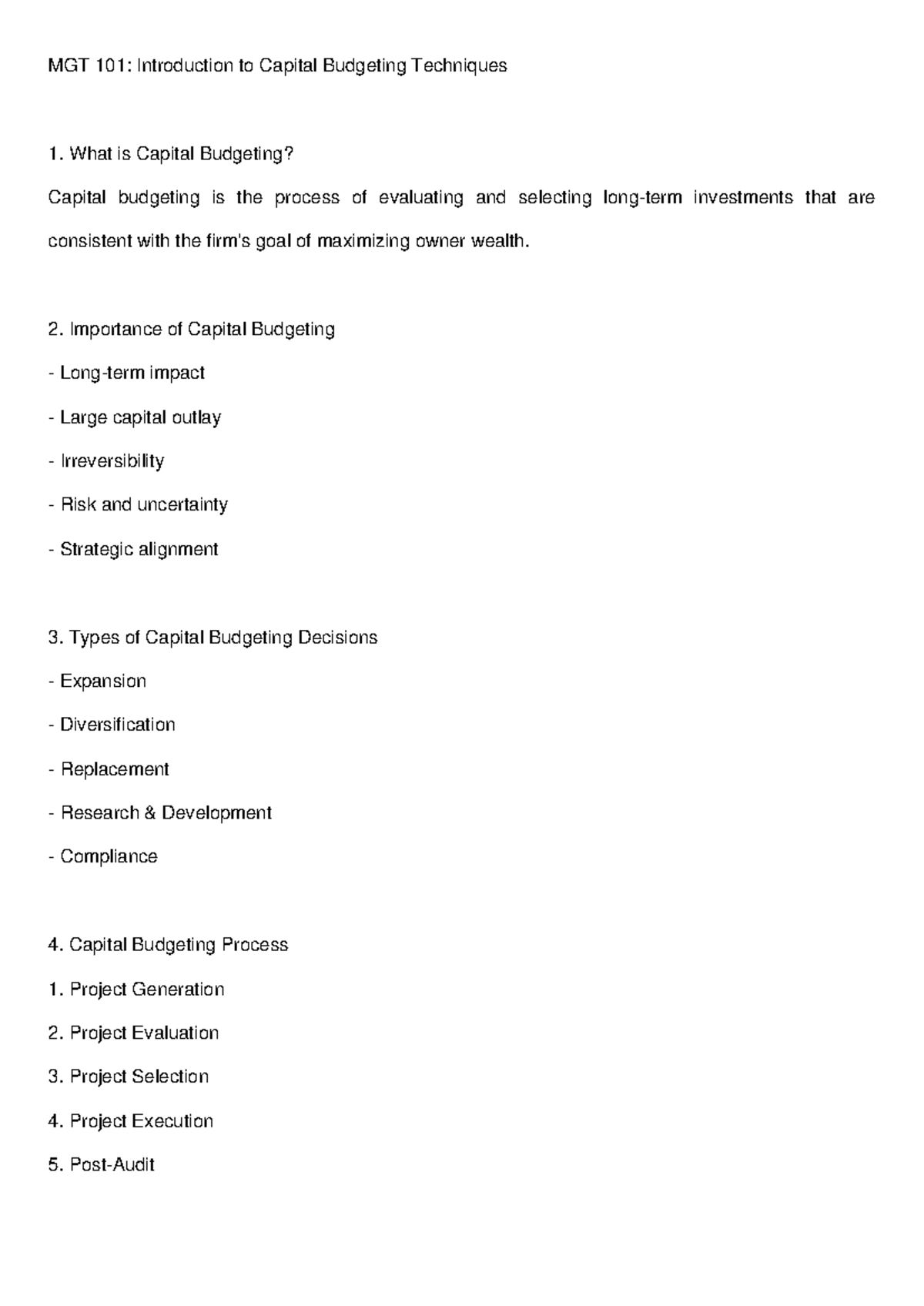 MGT 101: Capital Budgeting Techniques and Processes Notes - Studocu