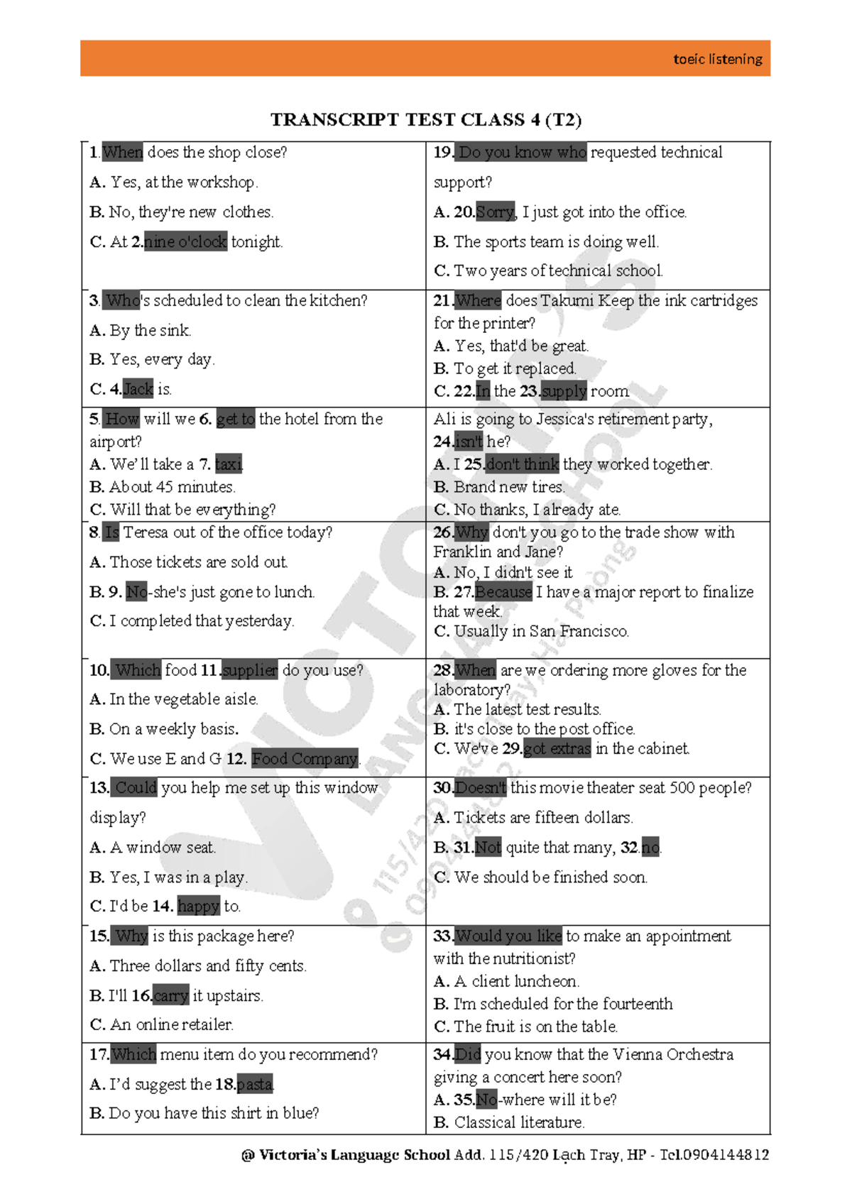 TOEIC Listening Transcript - Test Class 4 (T2) - Studocu