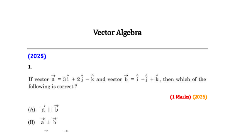 Vector Algebra PYQ for Class 12 (2025) - Studocu