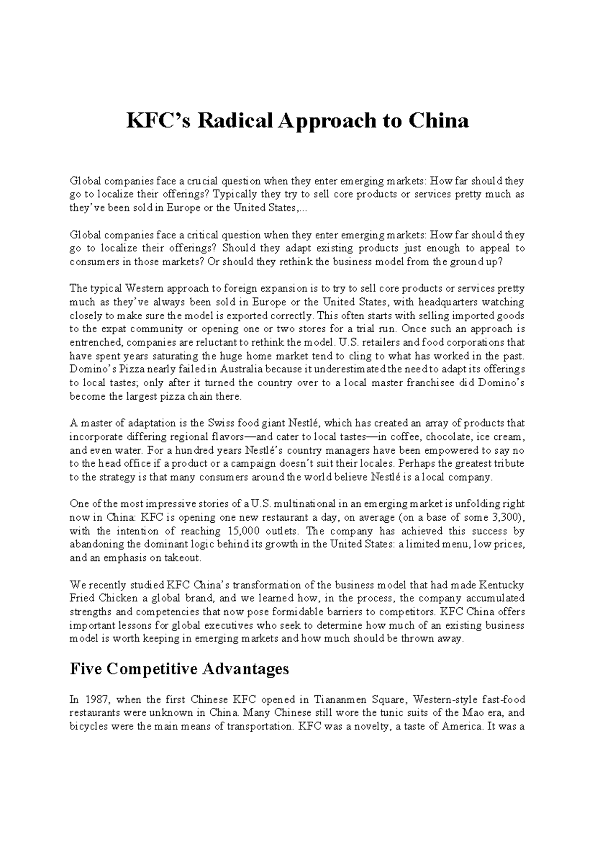 KFC's Radical Localization Strategy in China: A Case Study (11) - Studocu