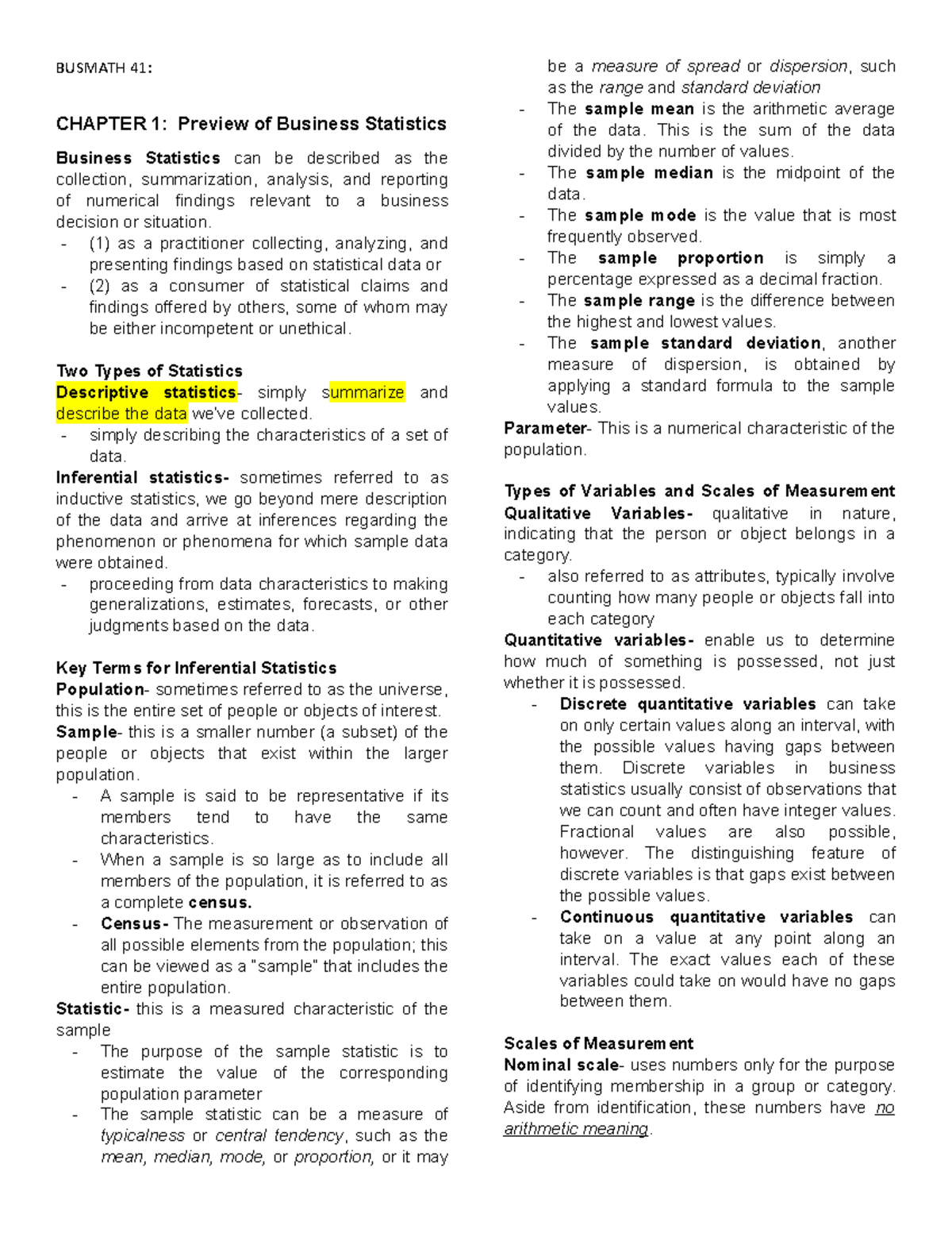 BUSMATH-41: Comprehensive Notes on Business Statistics Concepts - Studocu