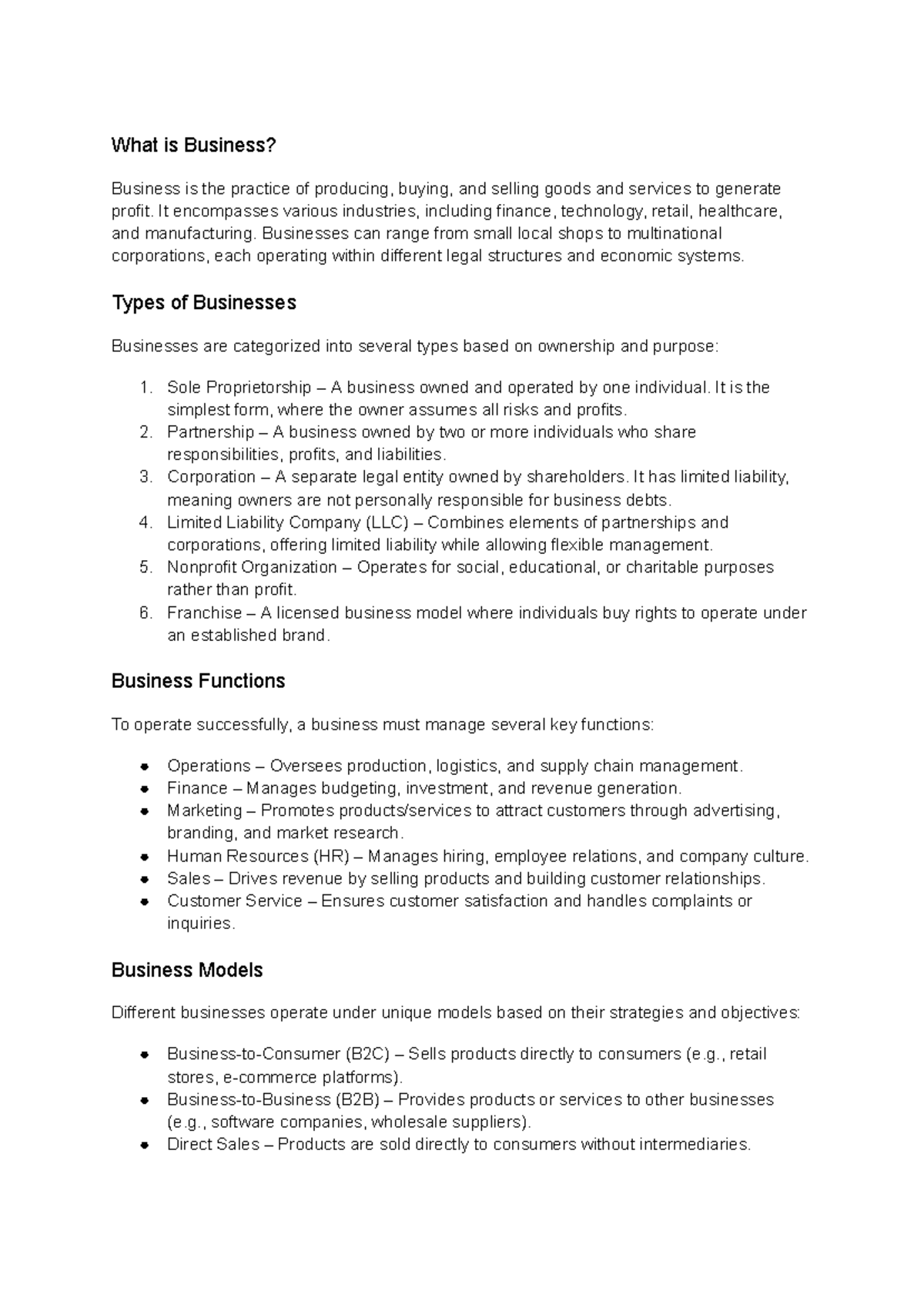 BUS 101: Introduction to Business Concepts and Functions Notes - Studocu