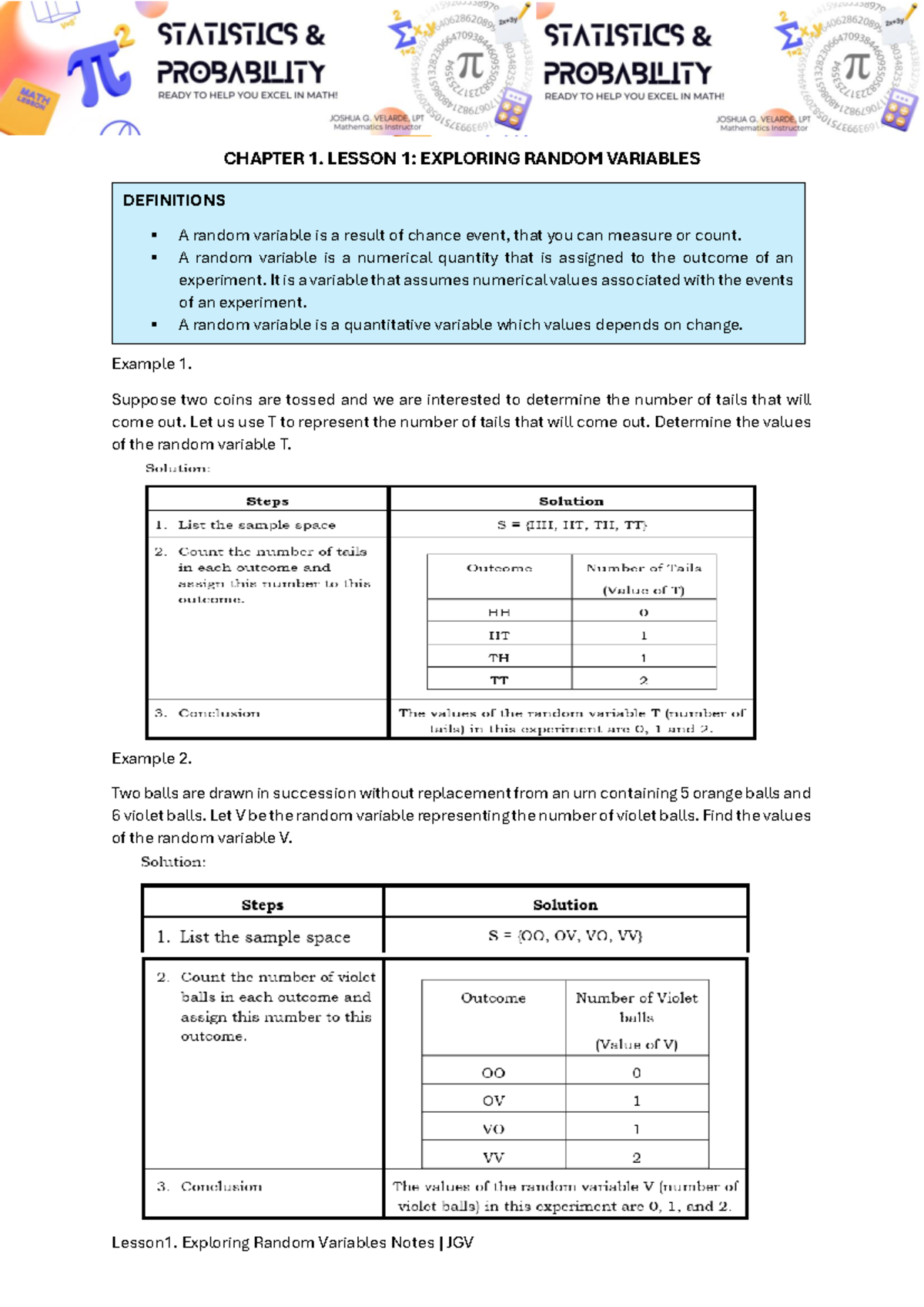 Lesson 1: Exploring Random Variables Concepts and Examples | JGV - Studocu