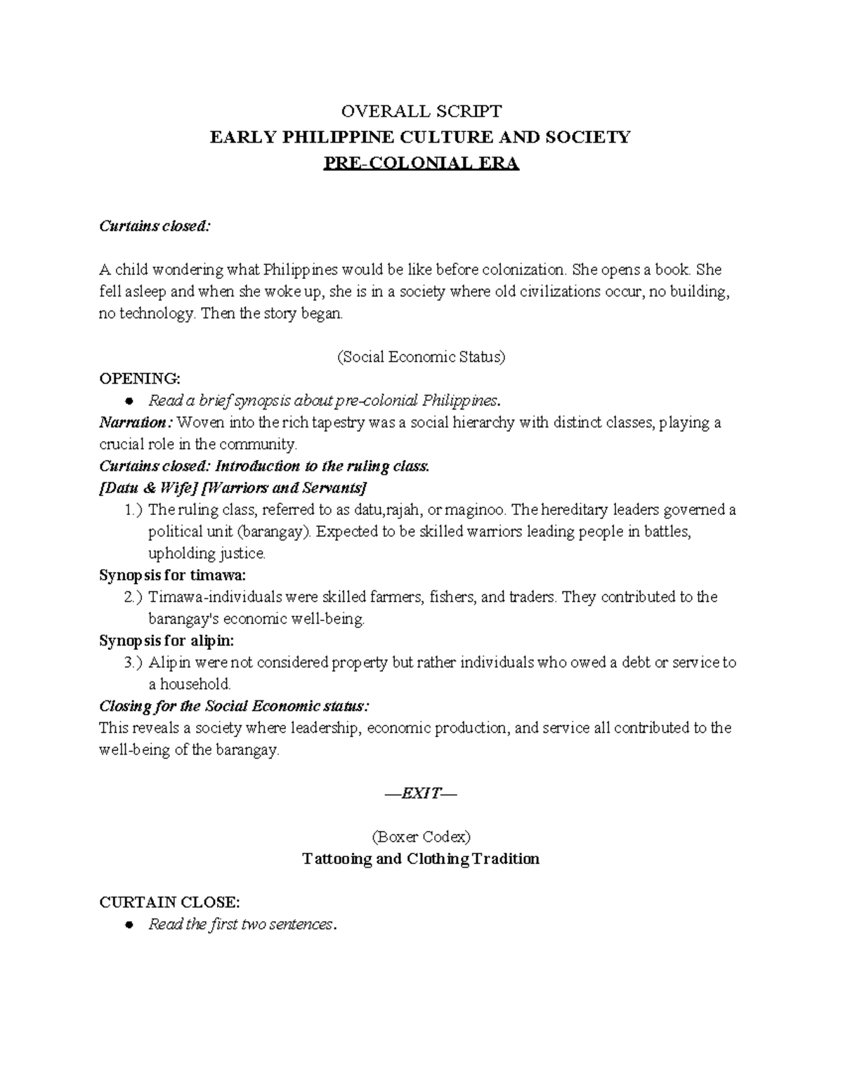 Overall Script: Pre-Colonial Philippine Culture and Society - Studocu