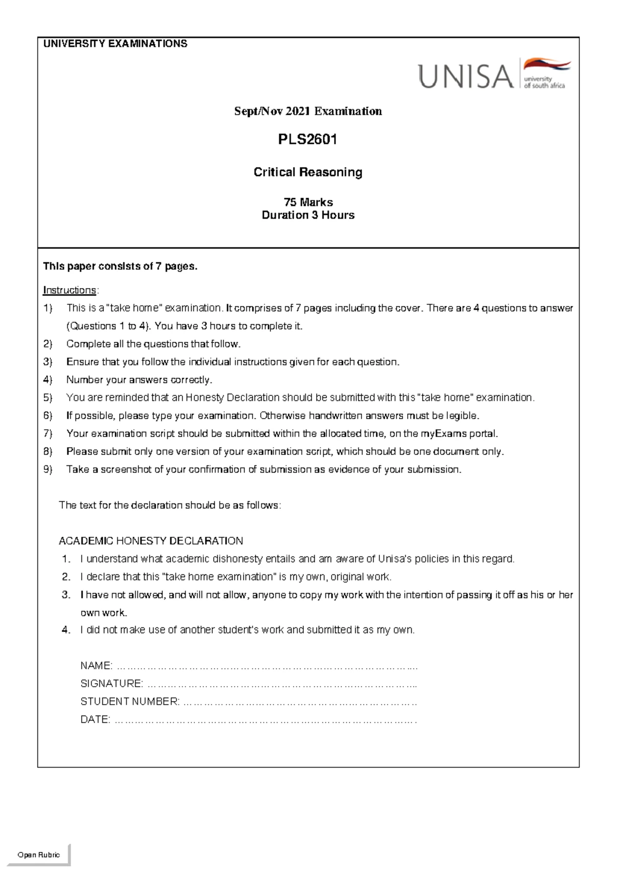 PLS2601 Final Exam: Critical Reasoning Jan-Feb 2022 Question Paper ...