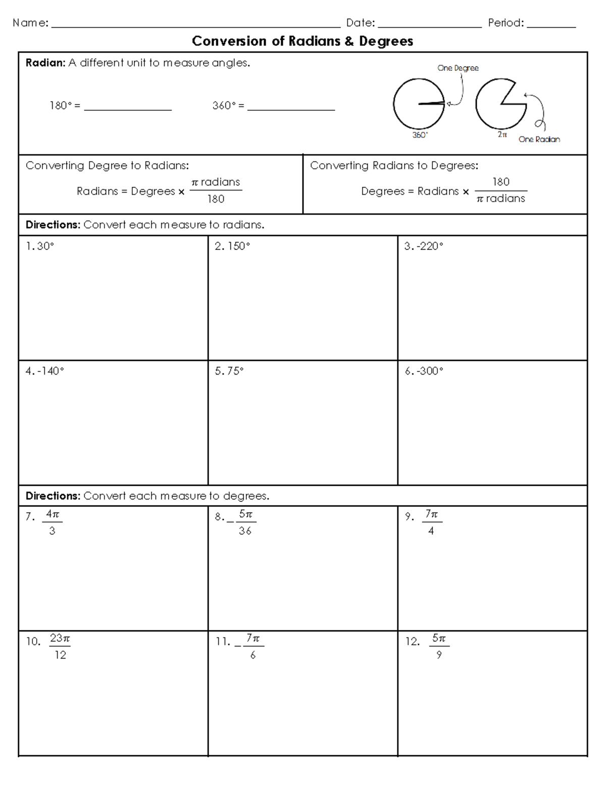 Conversion of Radians and Degrees - Math Questions & Answers - Name ...