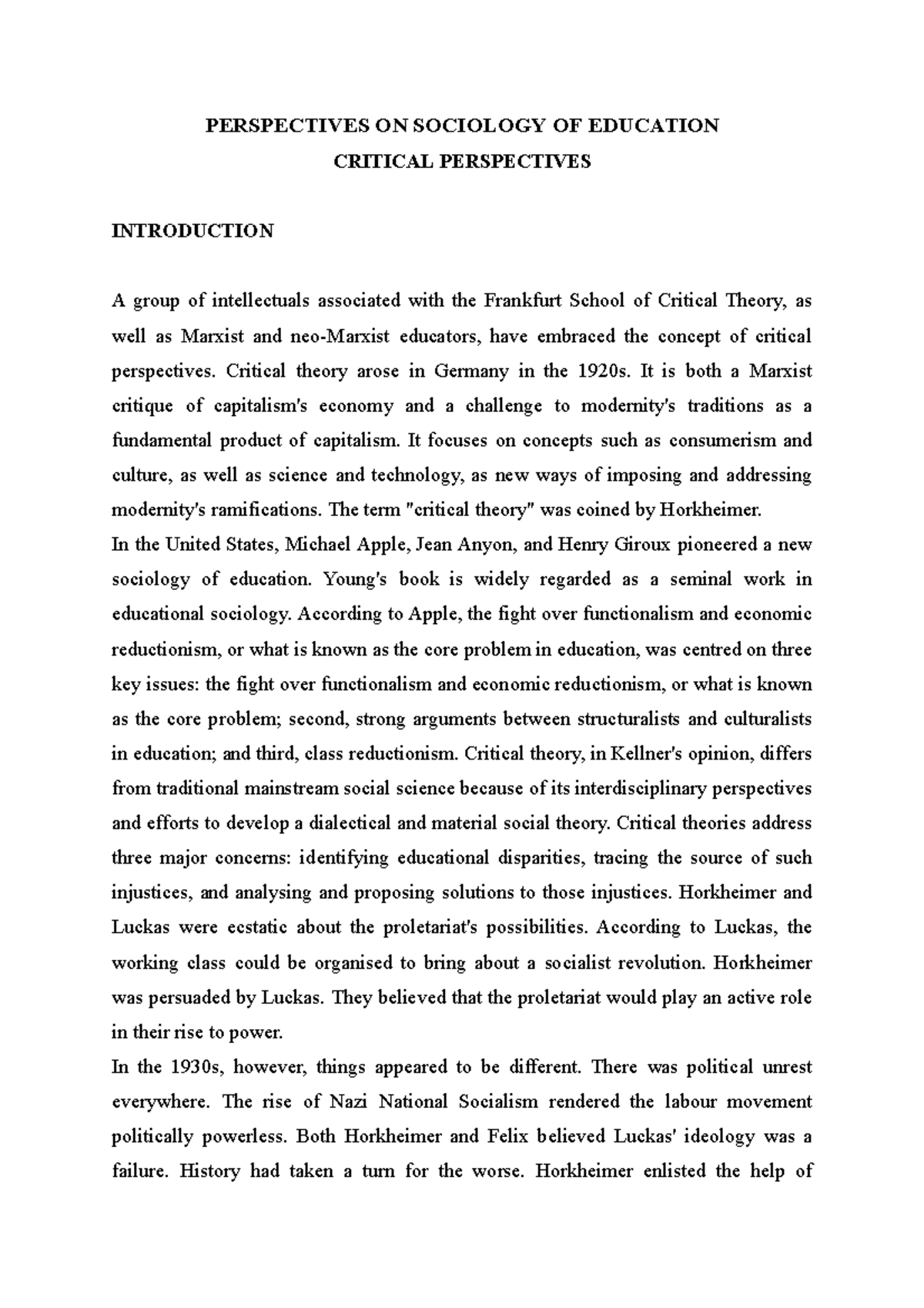 Critical Perspectives in Sociology of Education: Key Theories ...