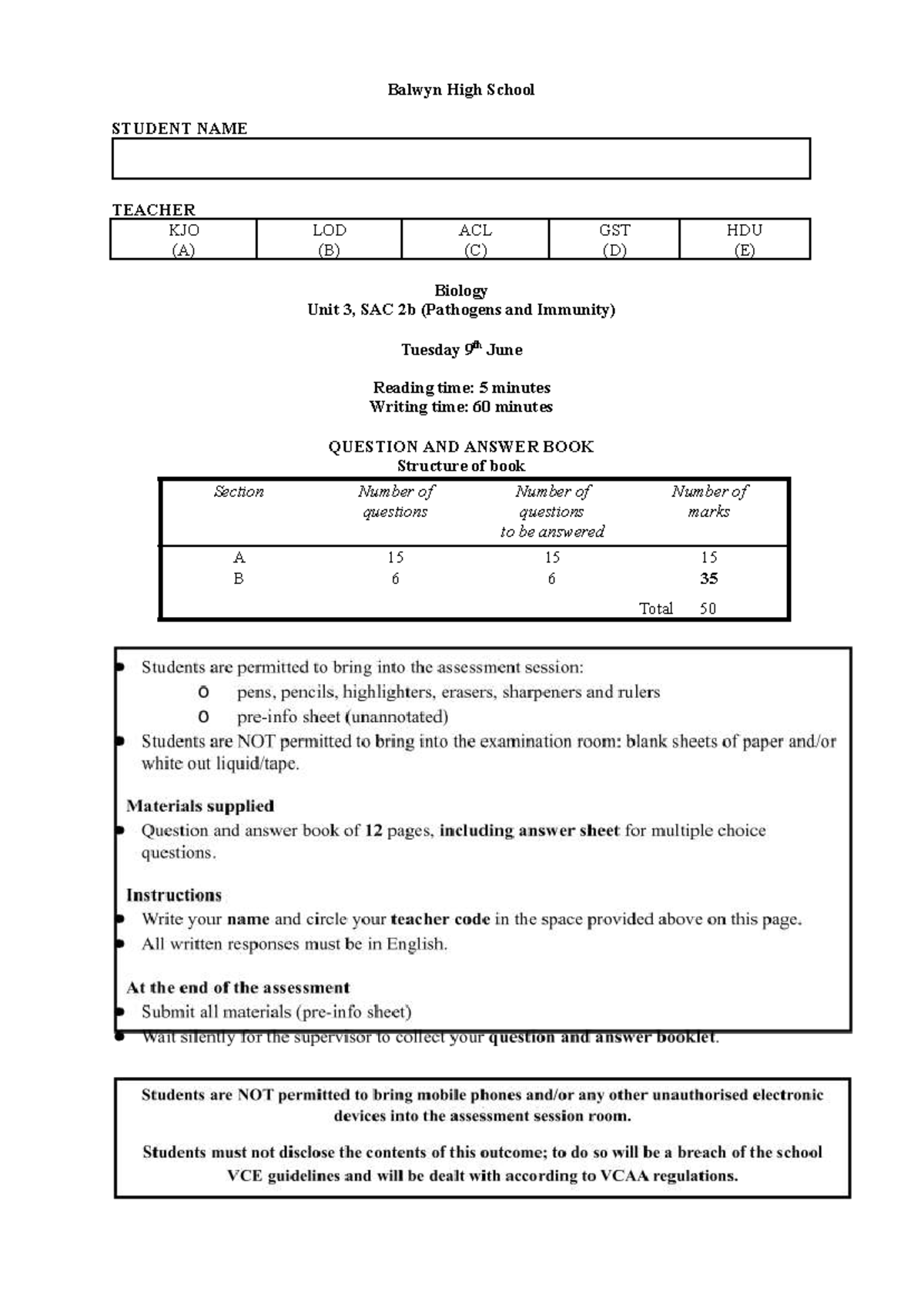 2015 Biology Unit 3 SAC 2b: Pathogens & Immunity Test - Studocu